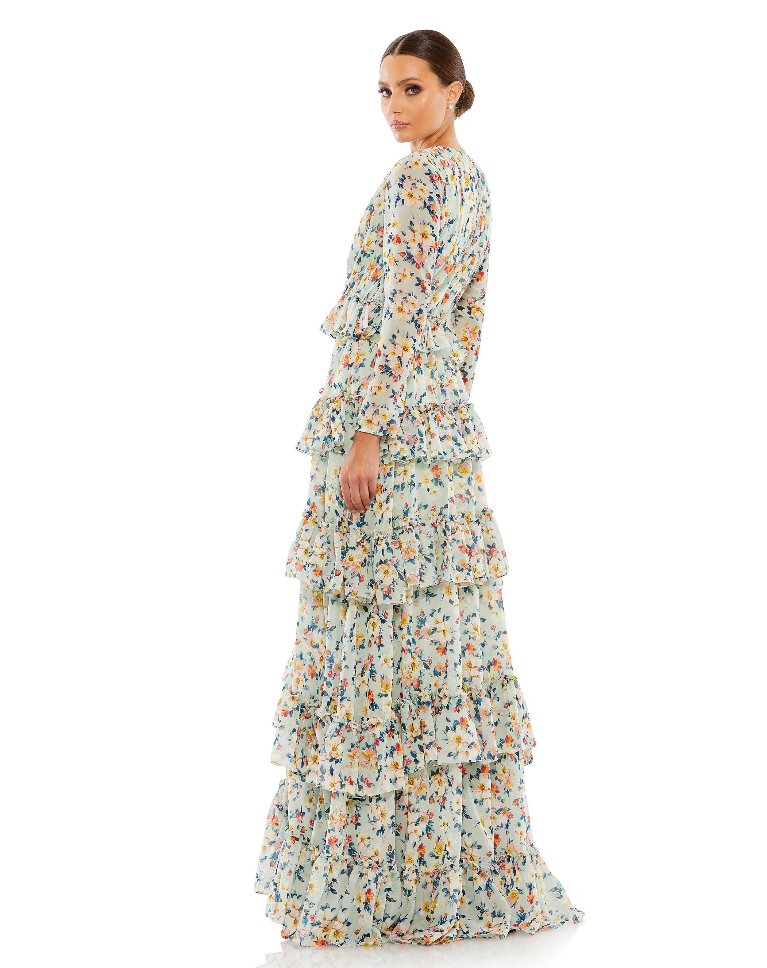 Floral Printed Tiered Ruffle Long Sleeve Gown