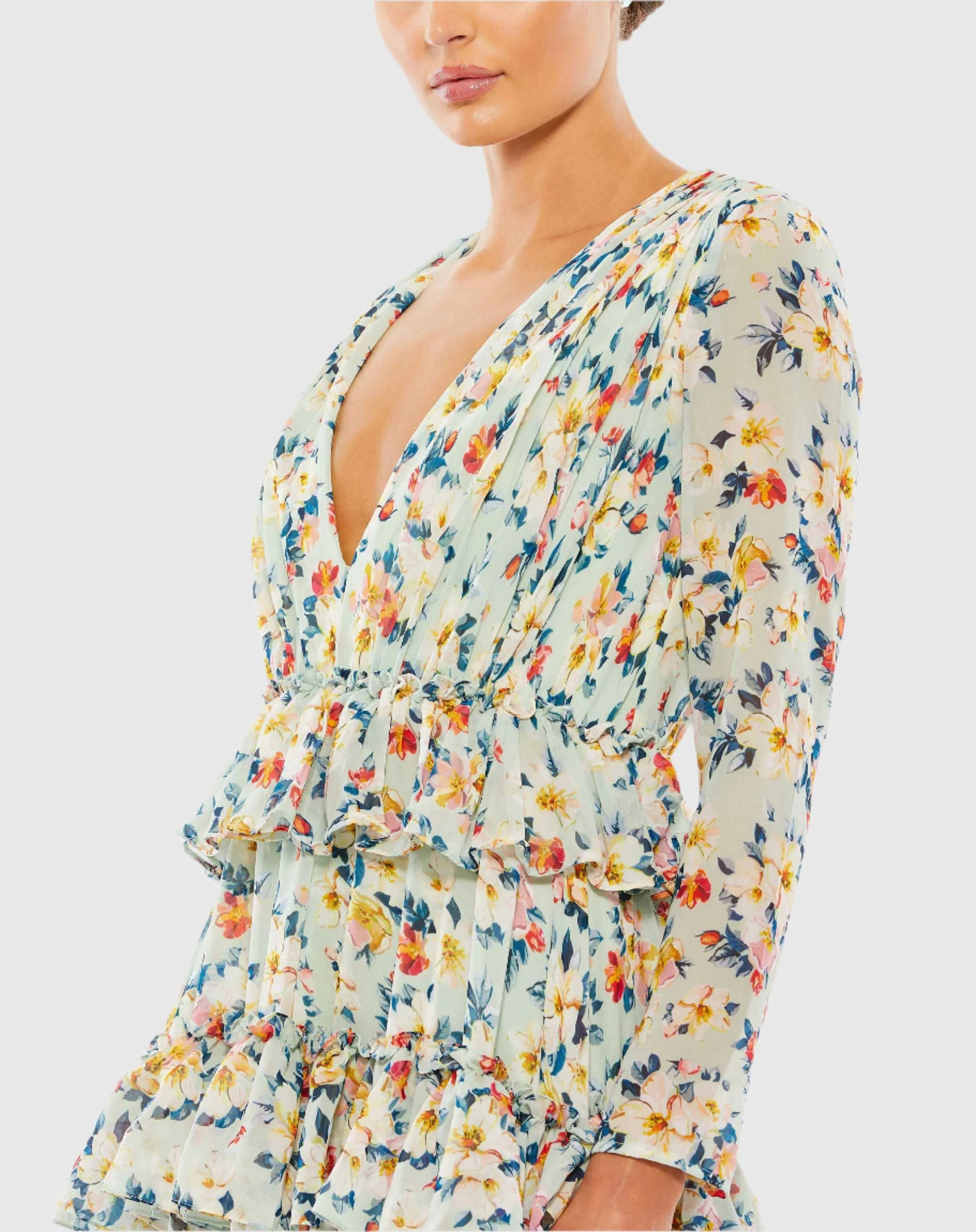 Green Floral Printed Tiered Ruffle Long Sleeve Gown - Mac Duggal