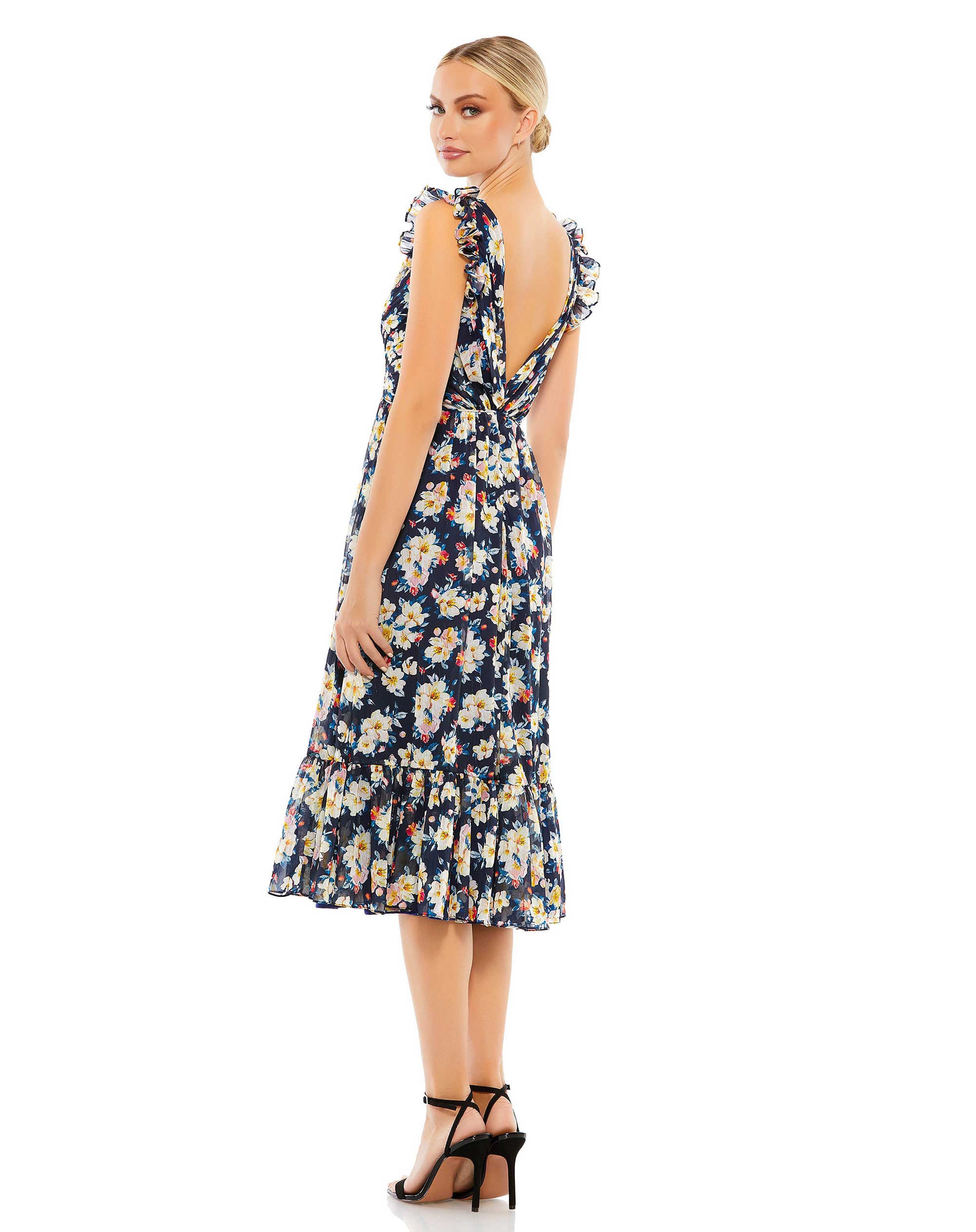 Flowy Floral Print V Neck Cap Sleeve Midi Dress - FINAL SALE