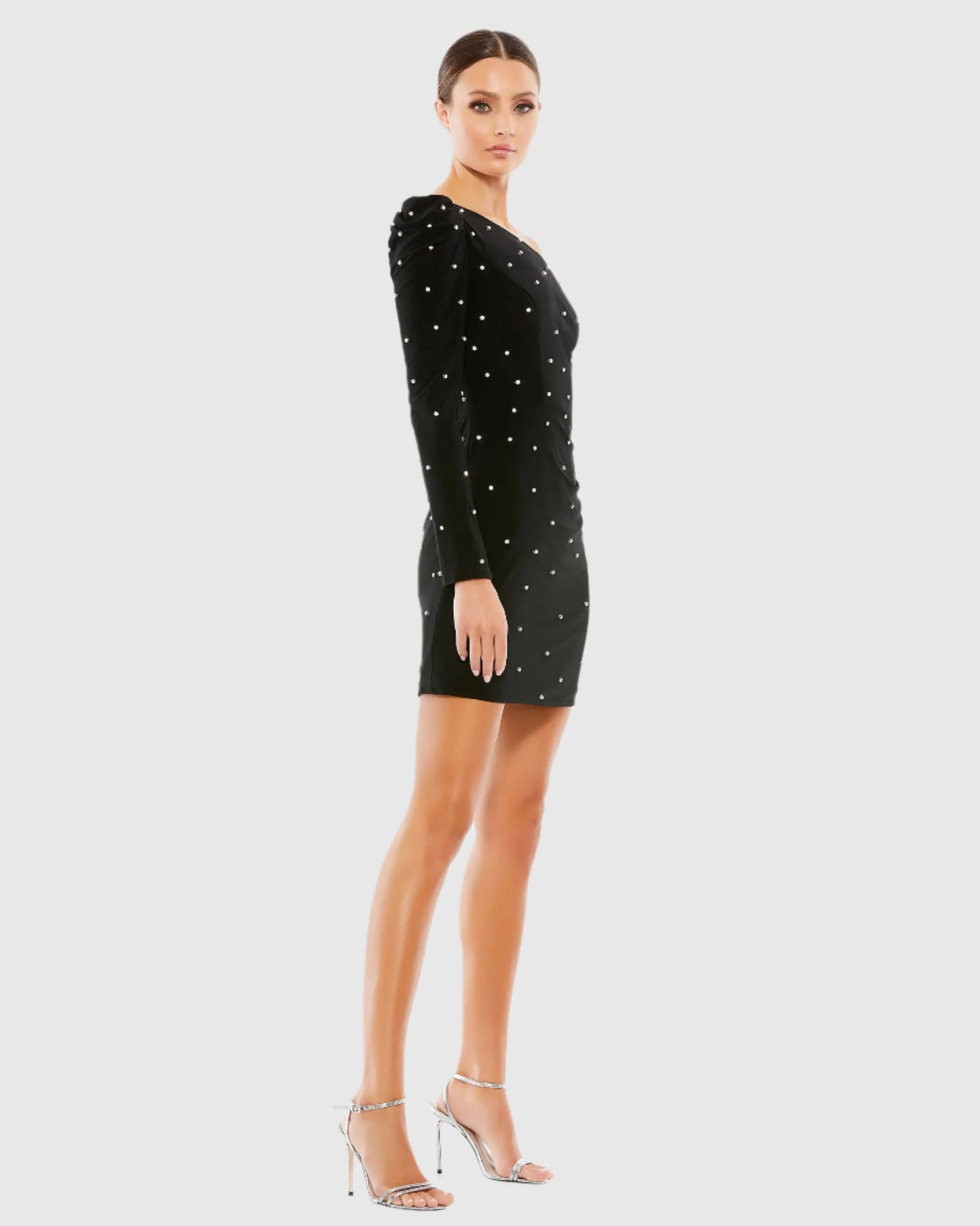 Black Rhinestone Encrusted One Shoulder Long Sleeve Mini Dress - Ieena for Mac Duggal