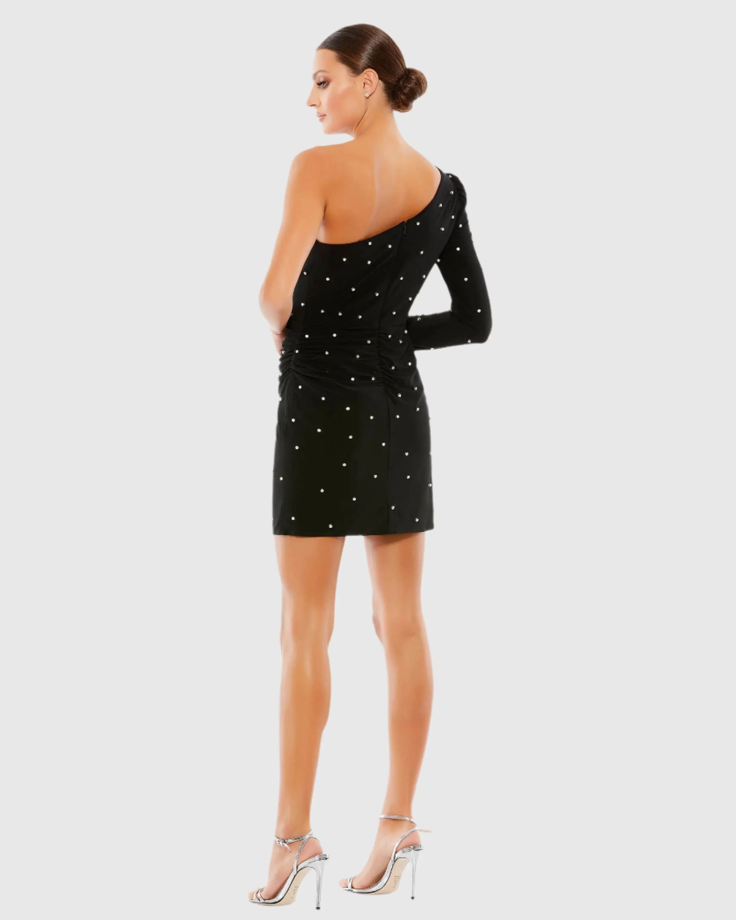 Black Rhinestone Encrusted One Shoulder Long Sleeve Mini Dress - Ieena for Mac Duggal