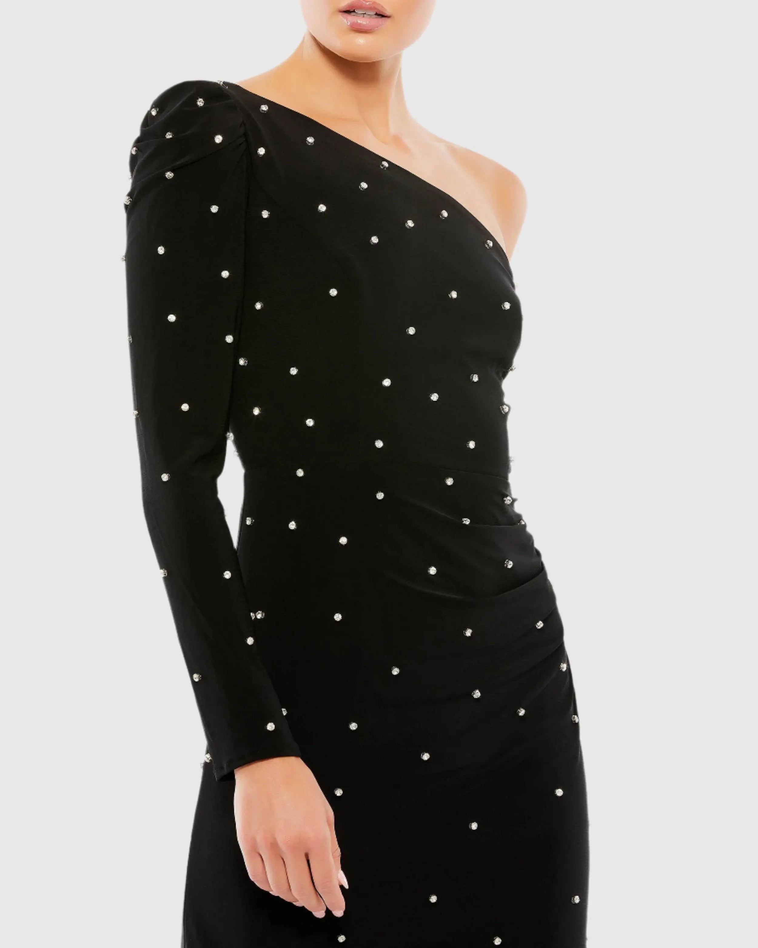 Black Rhinestone Encrusted One Shoulder Long Sleeve Mini Dress - Ieena for Mac Duggal
