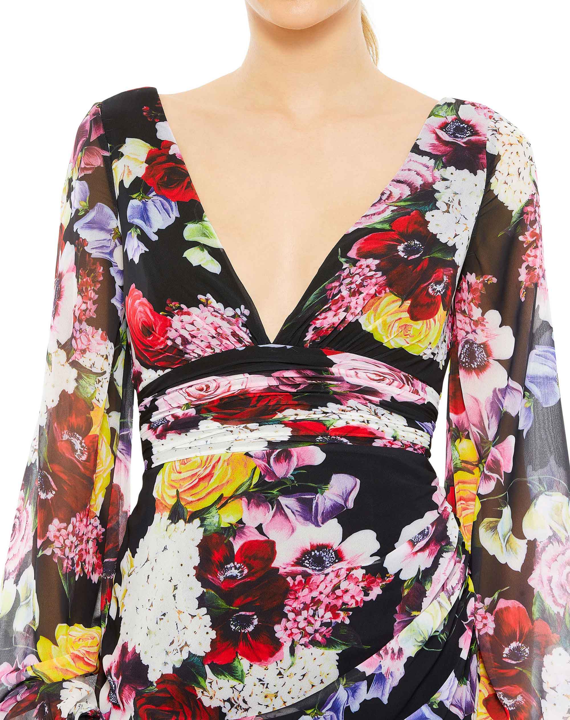 Floral Print Illusion Puff Sleeve V Neck Fitted Mini Dress