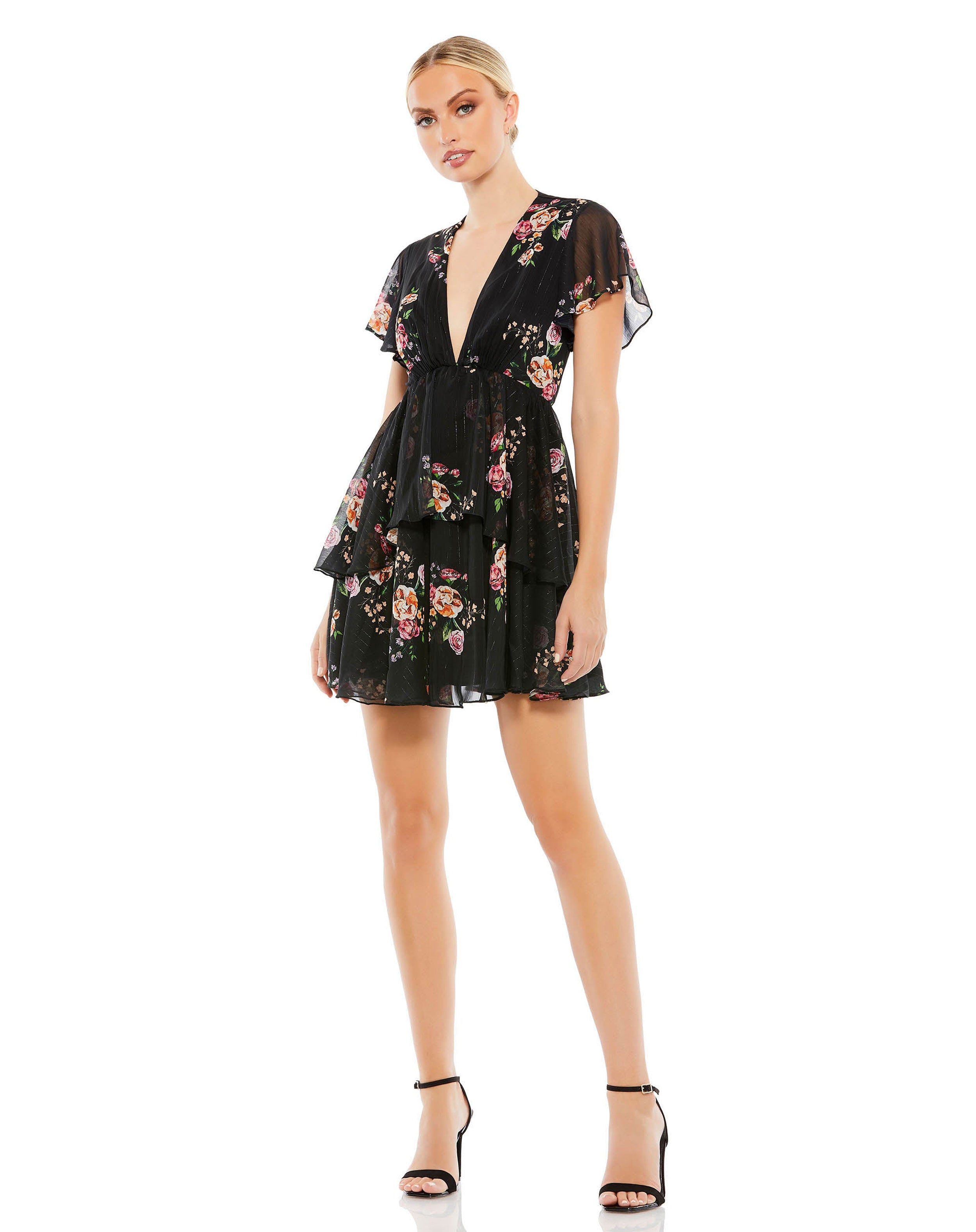 Tiered Ruffle Floral Print V Neck Butterfly Sleeve