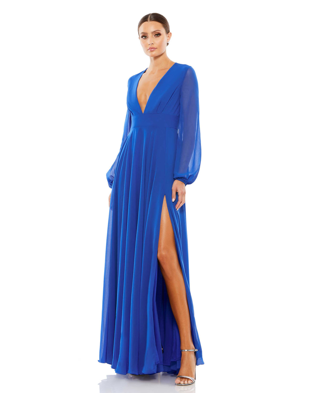 V-Neck Illusion Long Sleeve Chiffon Gown – Mac Duggal