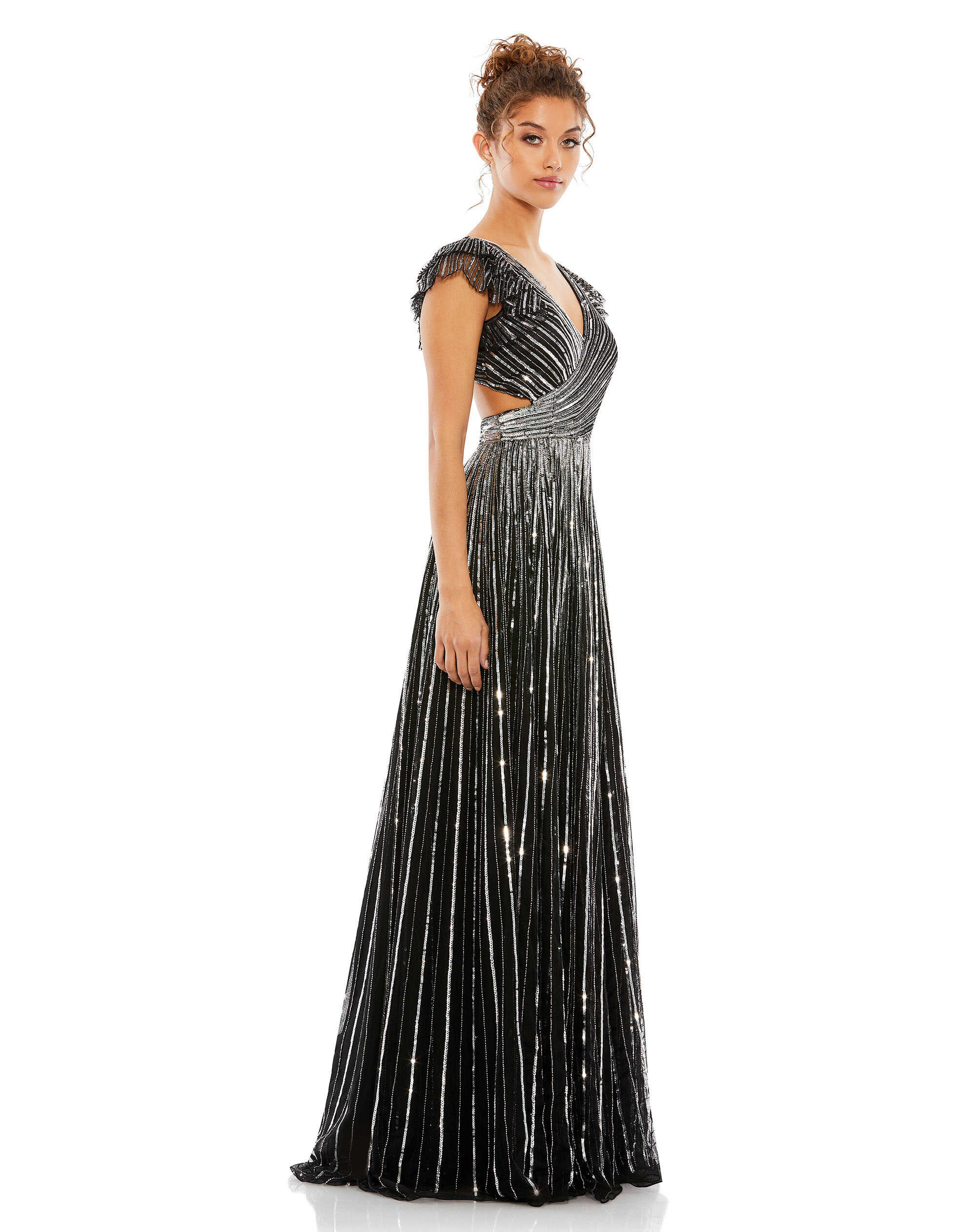 Sequined Cut Out Ruffled Cap Sleeve Lace Up Gown
