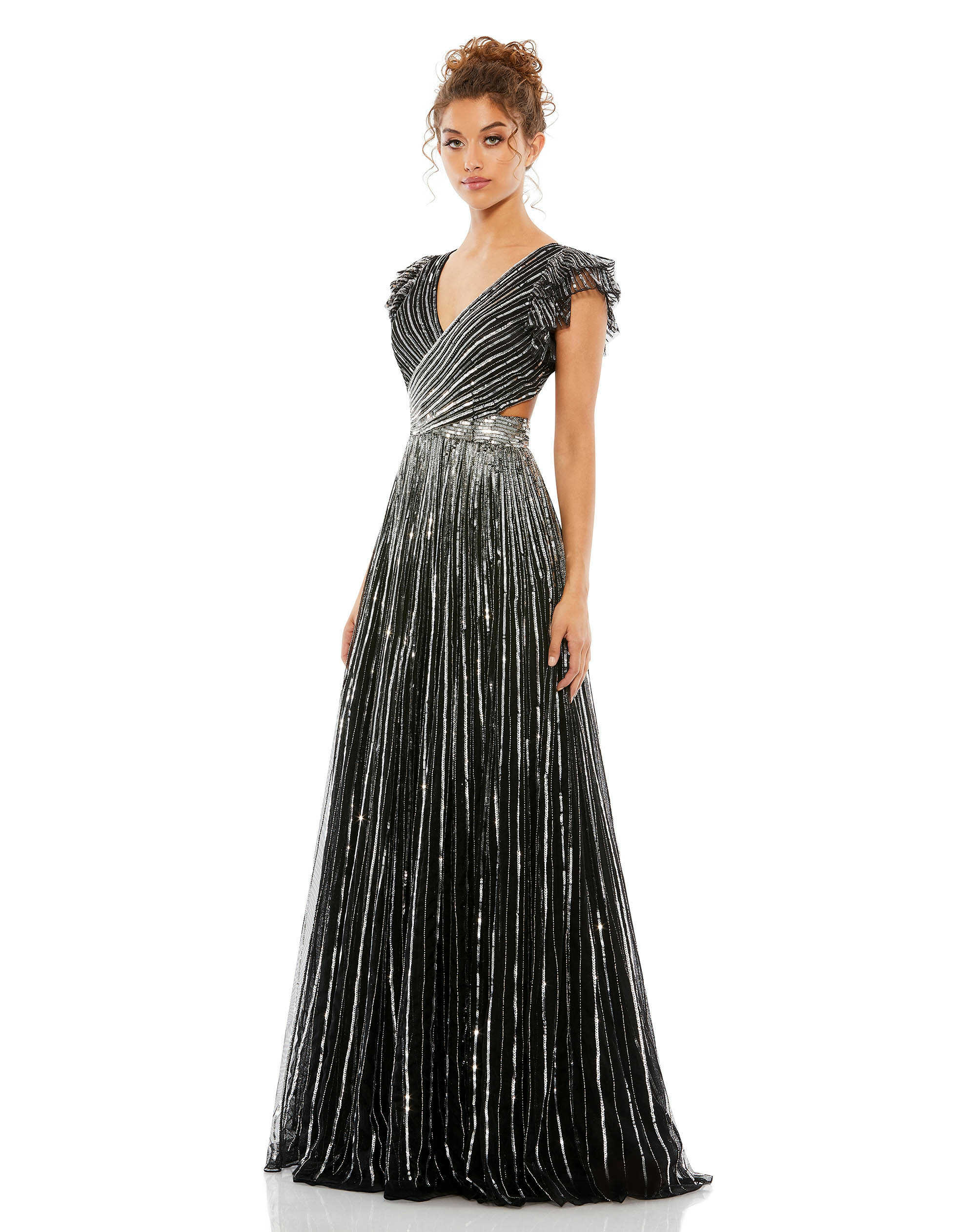 Sequined Cut Out Ruffled Cap Sleeve Lace Up Gown