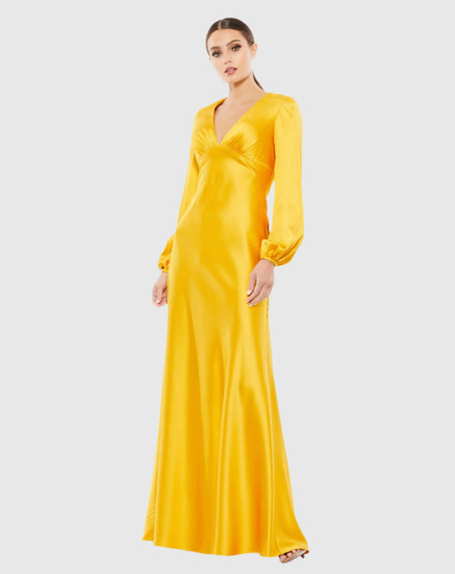 Yellow Charmeuse Empire Waist Blouson Sleeve Gown - Ieena for Mac Duggal