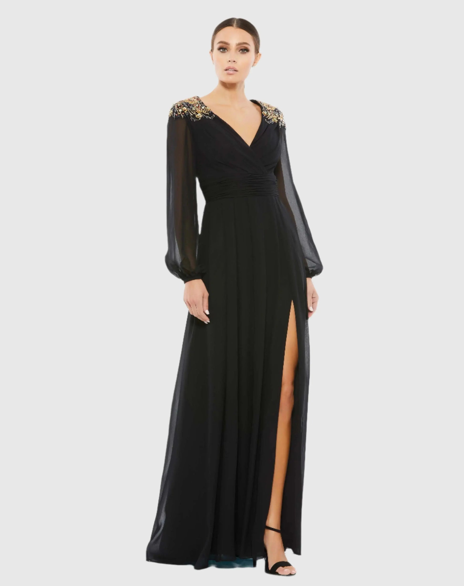 Embellished Shoulder Blouson Sleeve Evening Gown - Mac Duggal Embellished Shoulder Blouson Sleeve Evening Gown - Mac Duggal