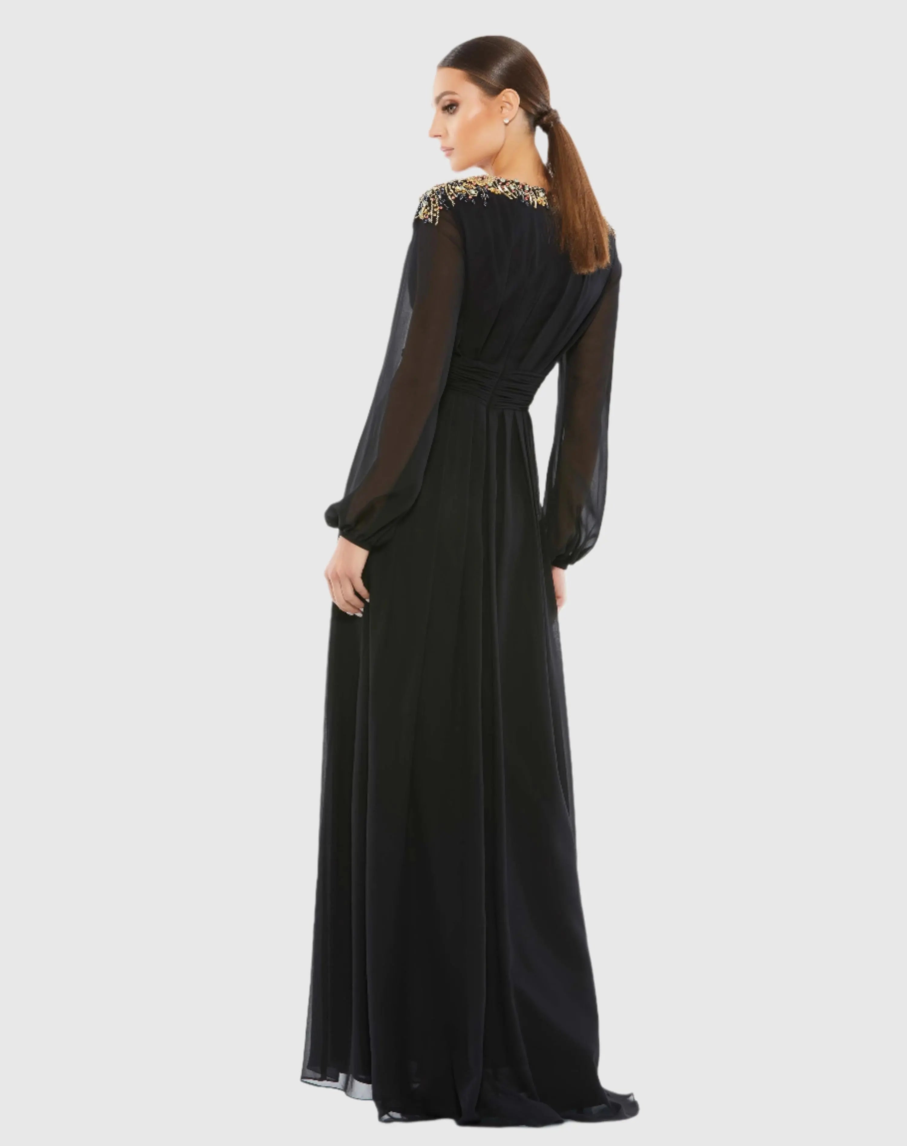 Black Embellished Shoulder Blouson Sleeve Evening Gown - Mac Duggal