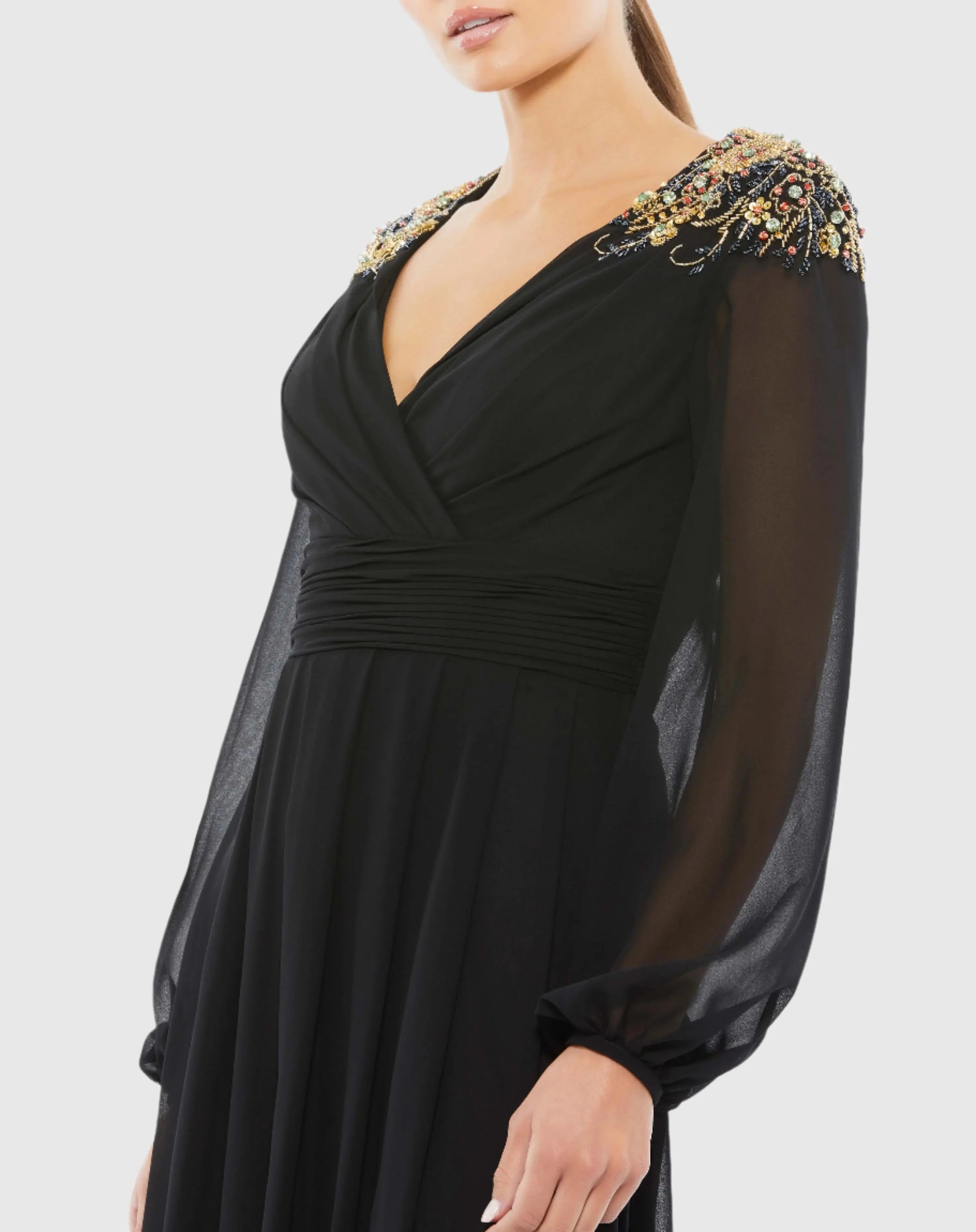 Black Embellished Shoulder Blouson Sleeve Evening Gown - Mac Duggal