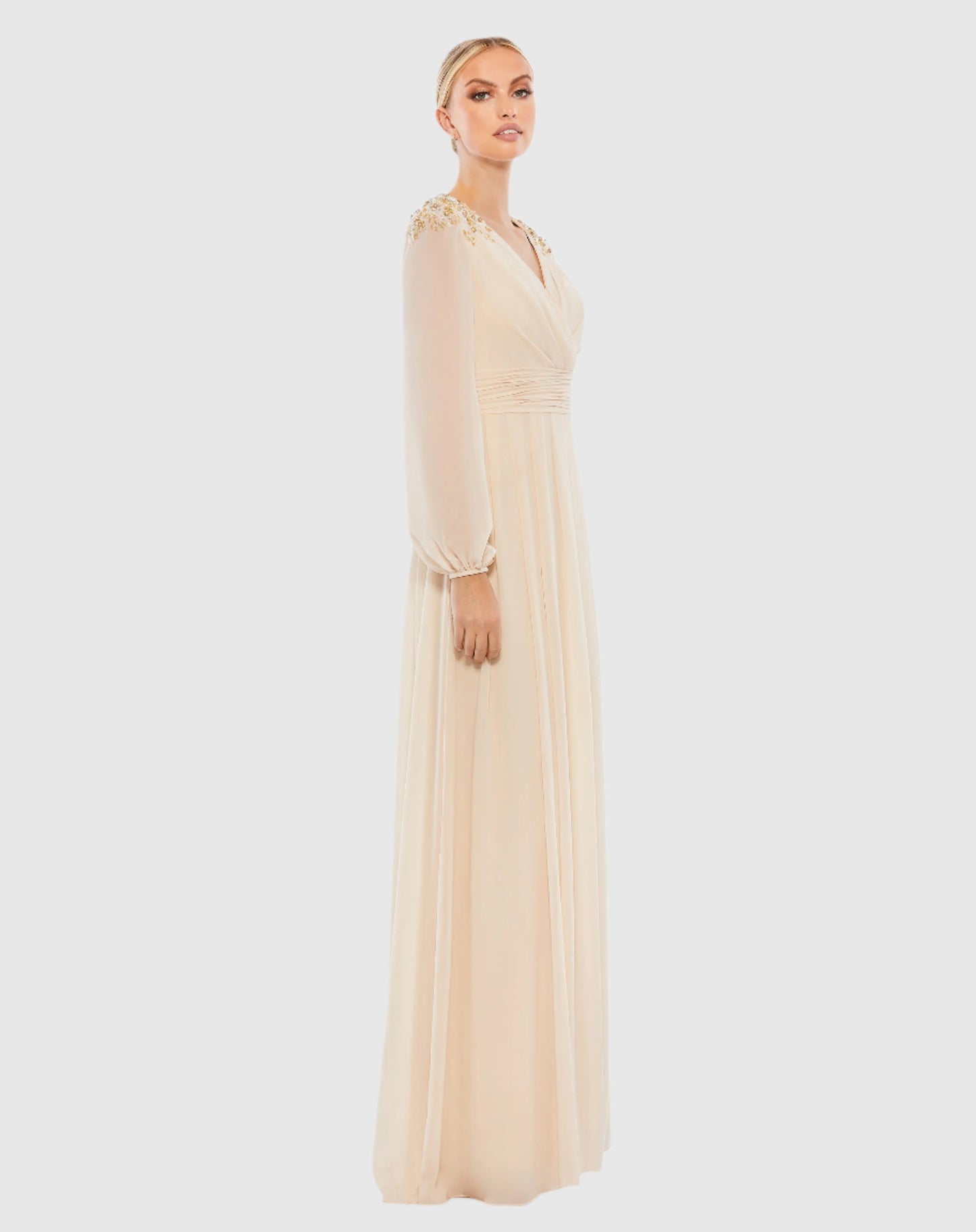 Embellished Shoulder Blouson Sleeve Evening Gown