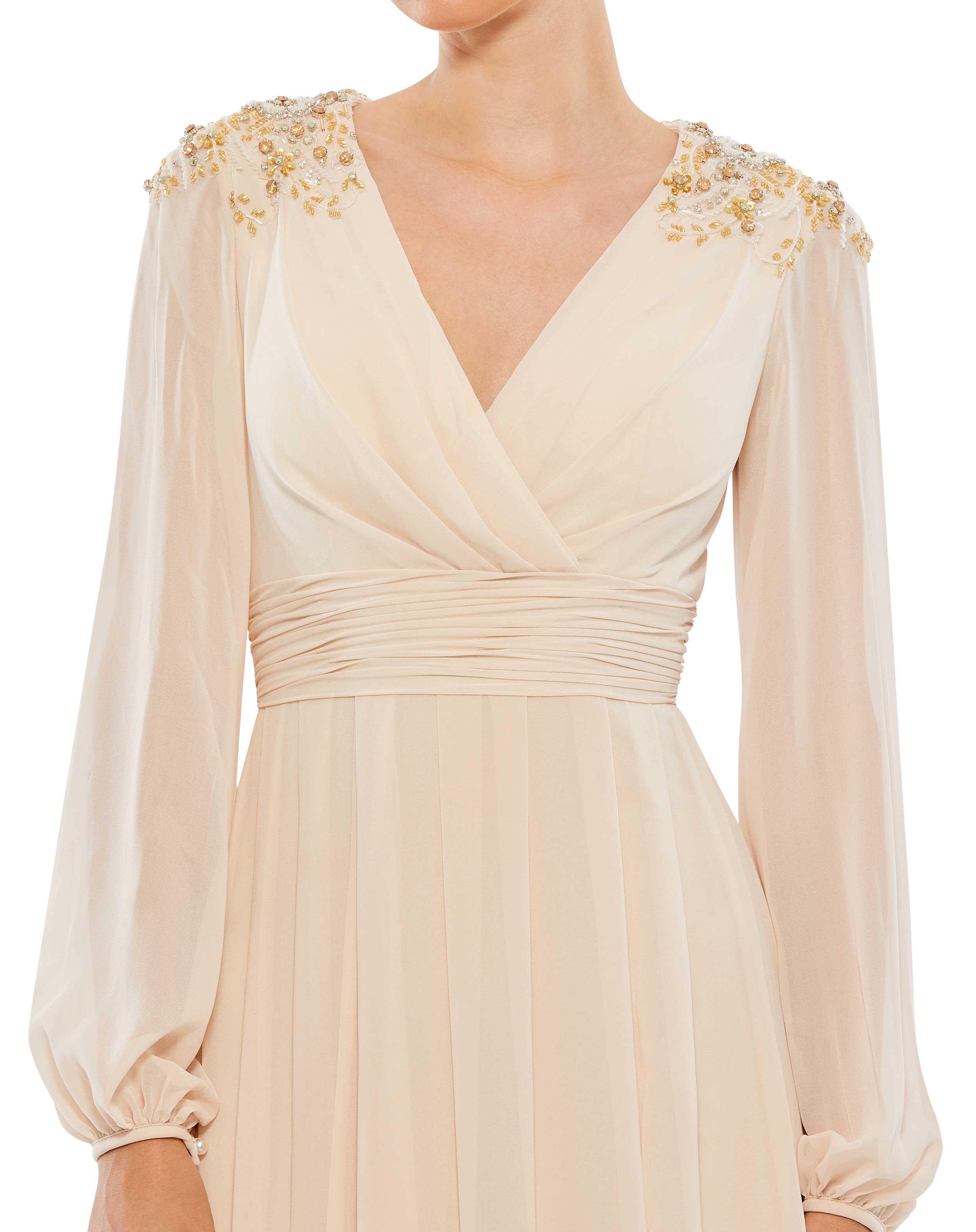 Embellished Shoulder Blouson Sleeve Evening Gown