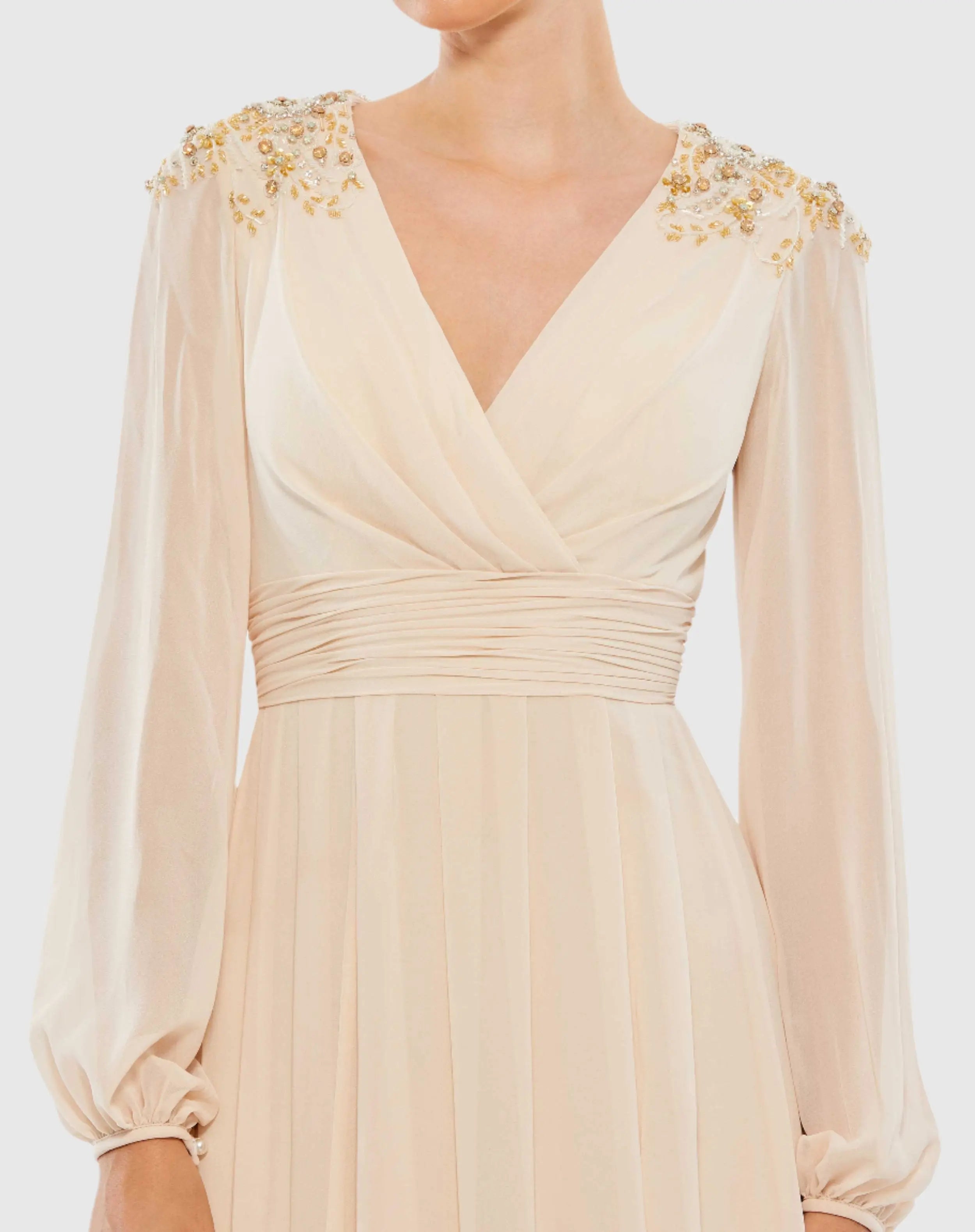 Beige Embellished Shoulder Blouson Sleeve Evening Gown - Mac Duggal