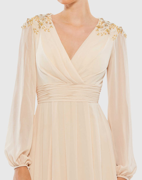 Embellished Shoulder Blouson Sleeve Evening Gown