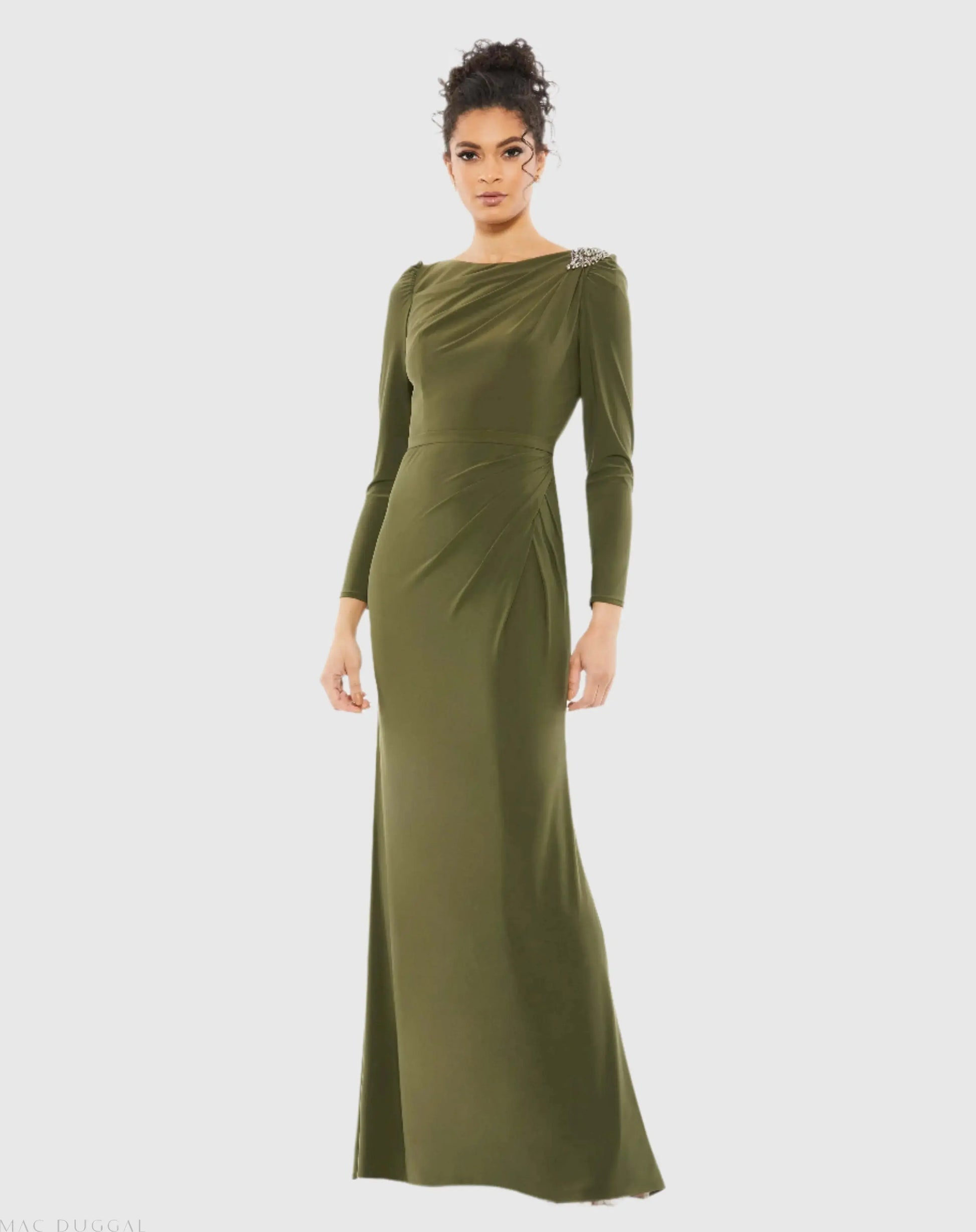 Green Draped Bateau Long Sleeve Trumpet Gown - Mac Duggal Green Draped Bateau Long Sleeve Trumpet Gown - Mac Duggal