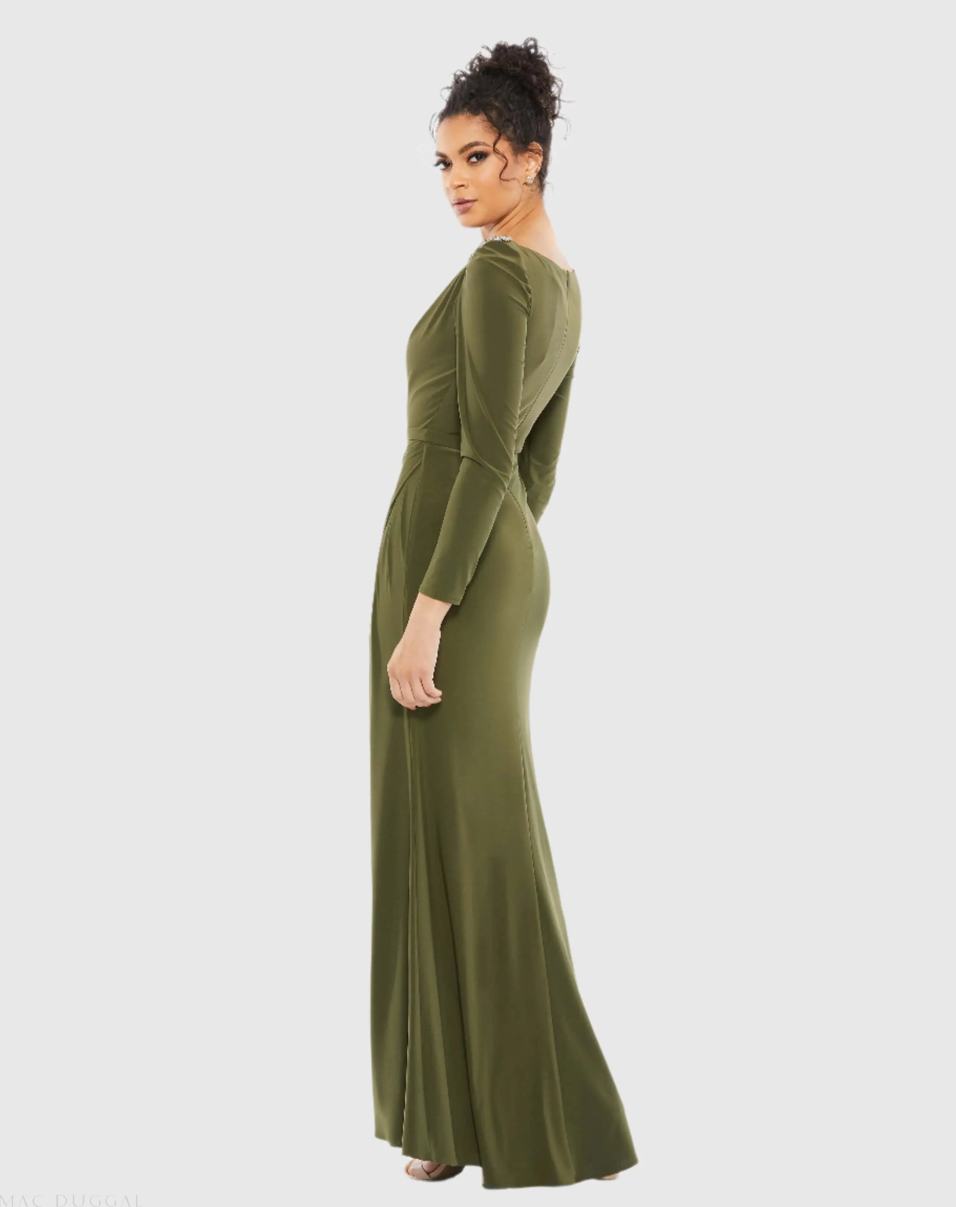 Green Draped Bateau Long Sleeve Trumpet Gown - Mac Duggal