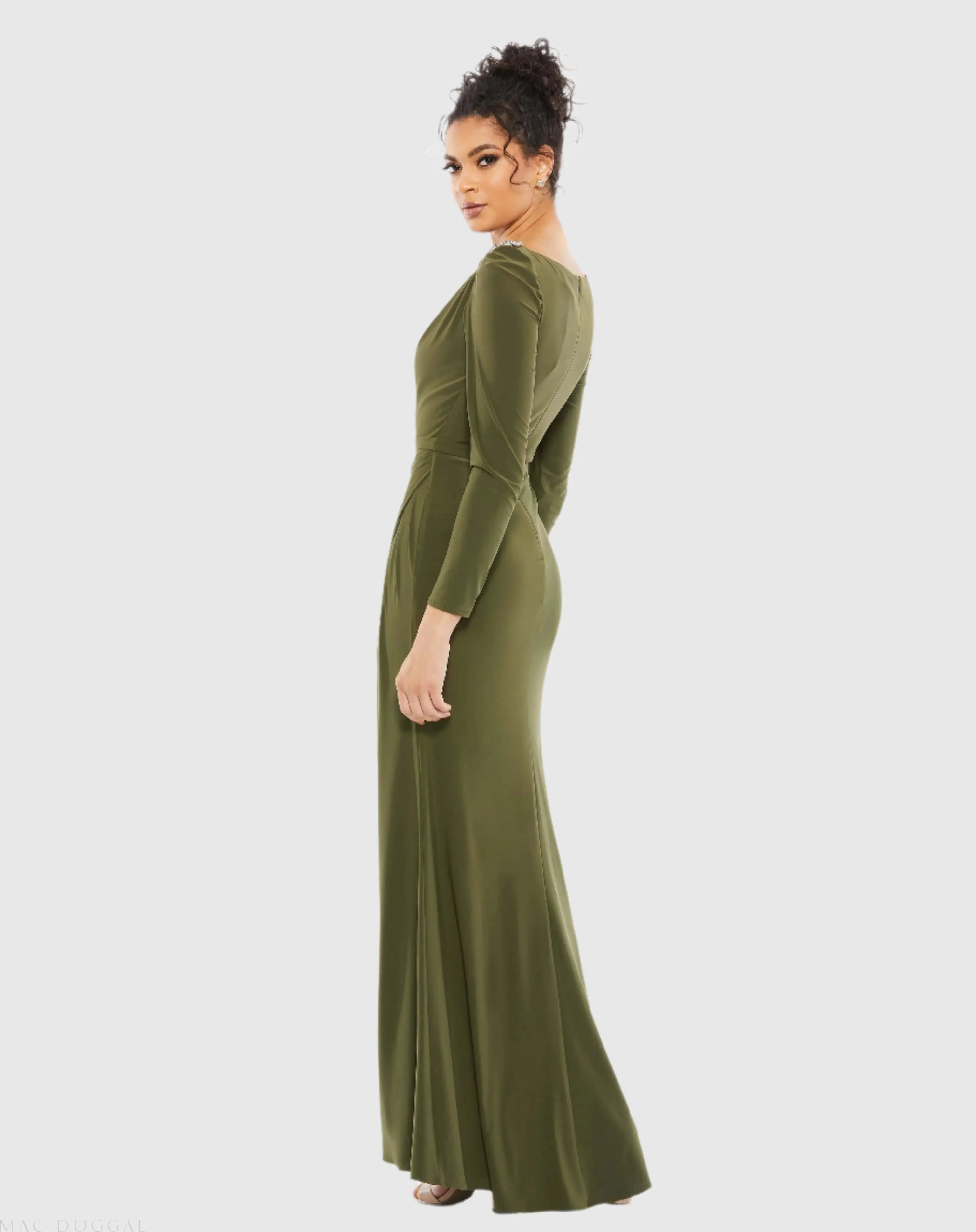 Green Draped Bateau Long Sleeve Trumpet Gown - Mac Duggal