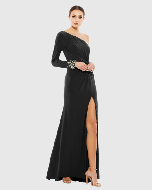 One Sleeve Beaded Cuff Side Twist Gown