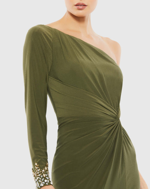 Olive Green One Sleeve Beaded Cuff Side Twist Gown