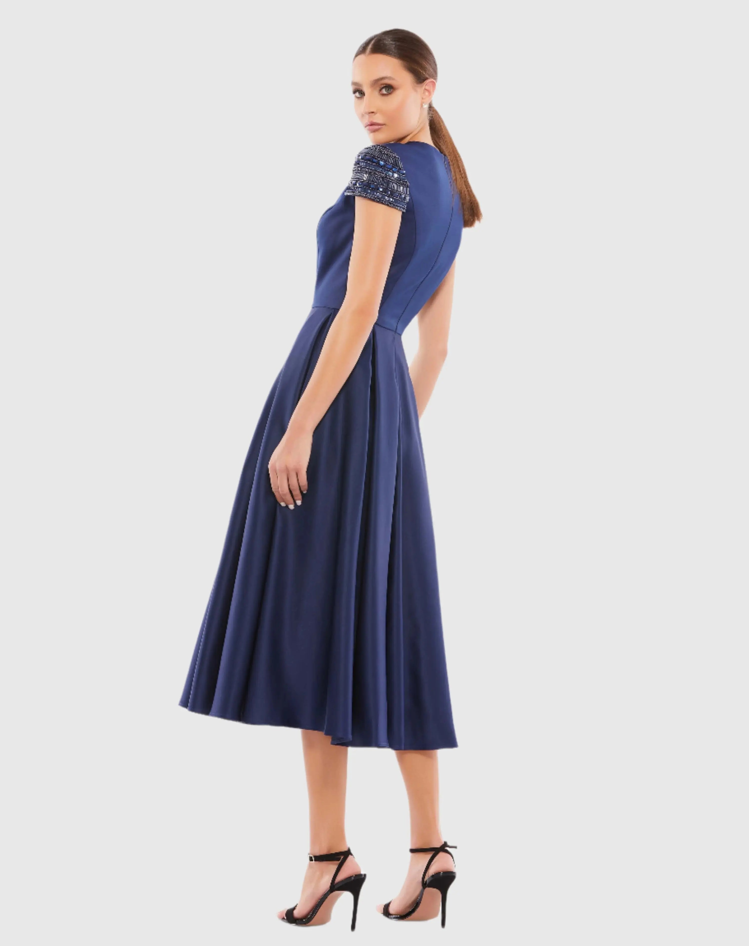 Navy High Neck Cap Sleeve Tea Length Dress - Mac Duggal