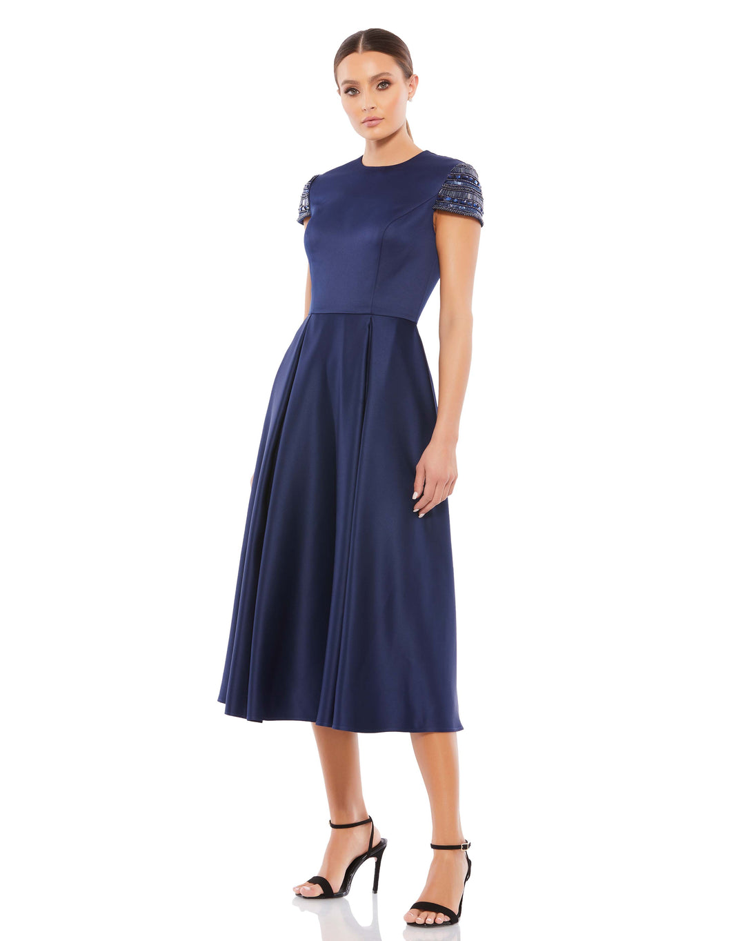 High Neck Cap Sleeve Tea Length Dress – Mac Duggal