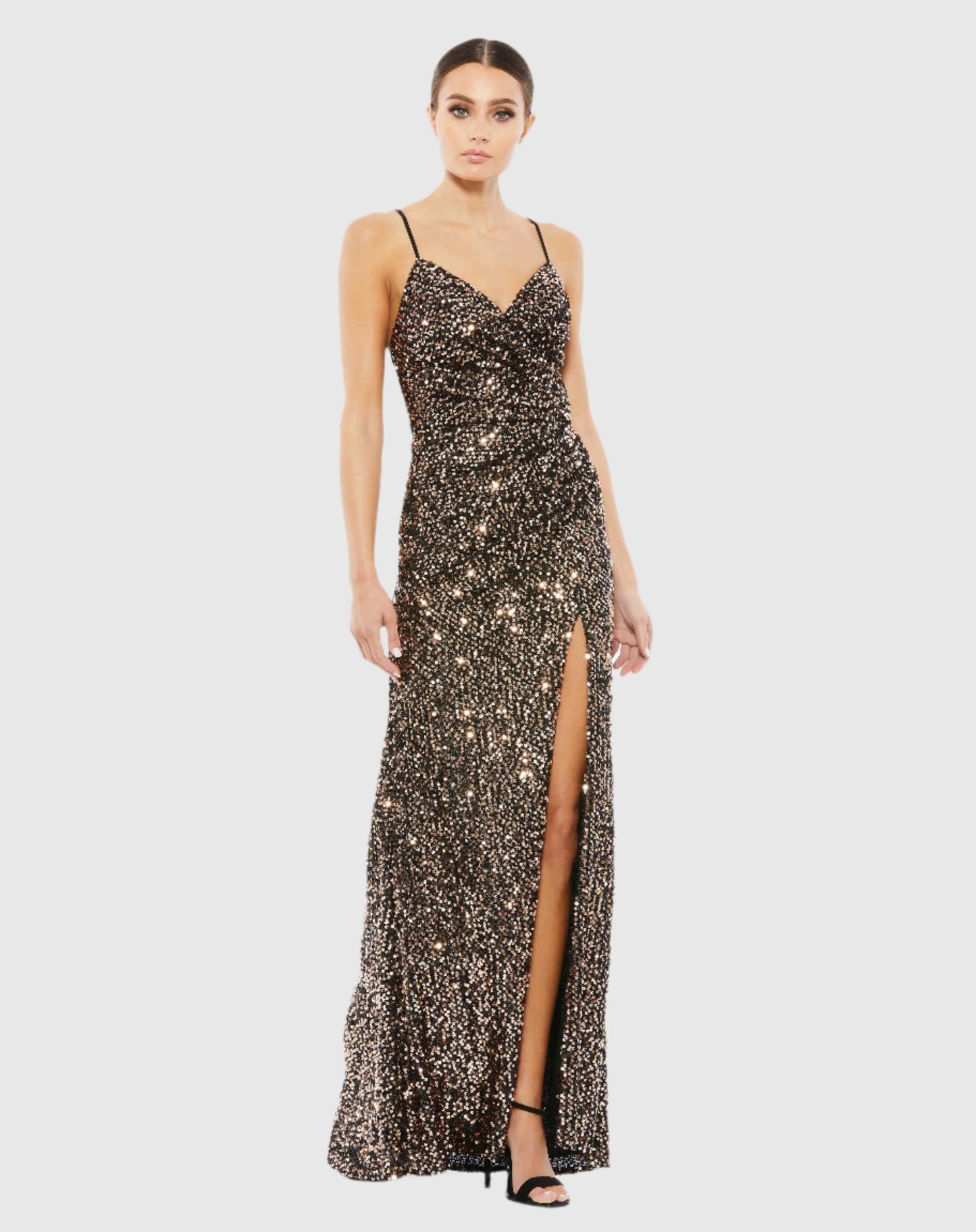 Black and Brown Gathered Waist Sequin Gown | Mac Duggal Black and Brown Gathered Waist Sequin Gown | Mac Duggal