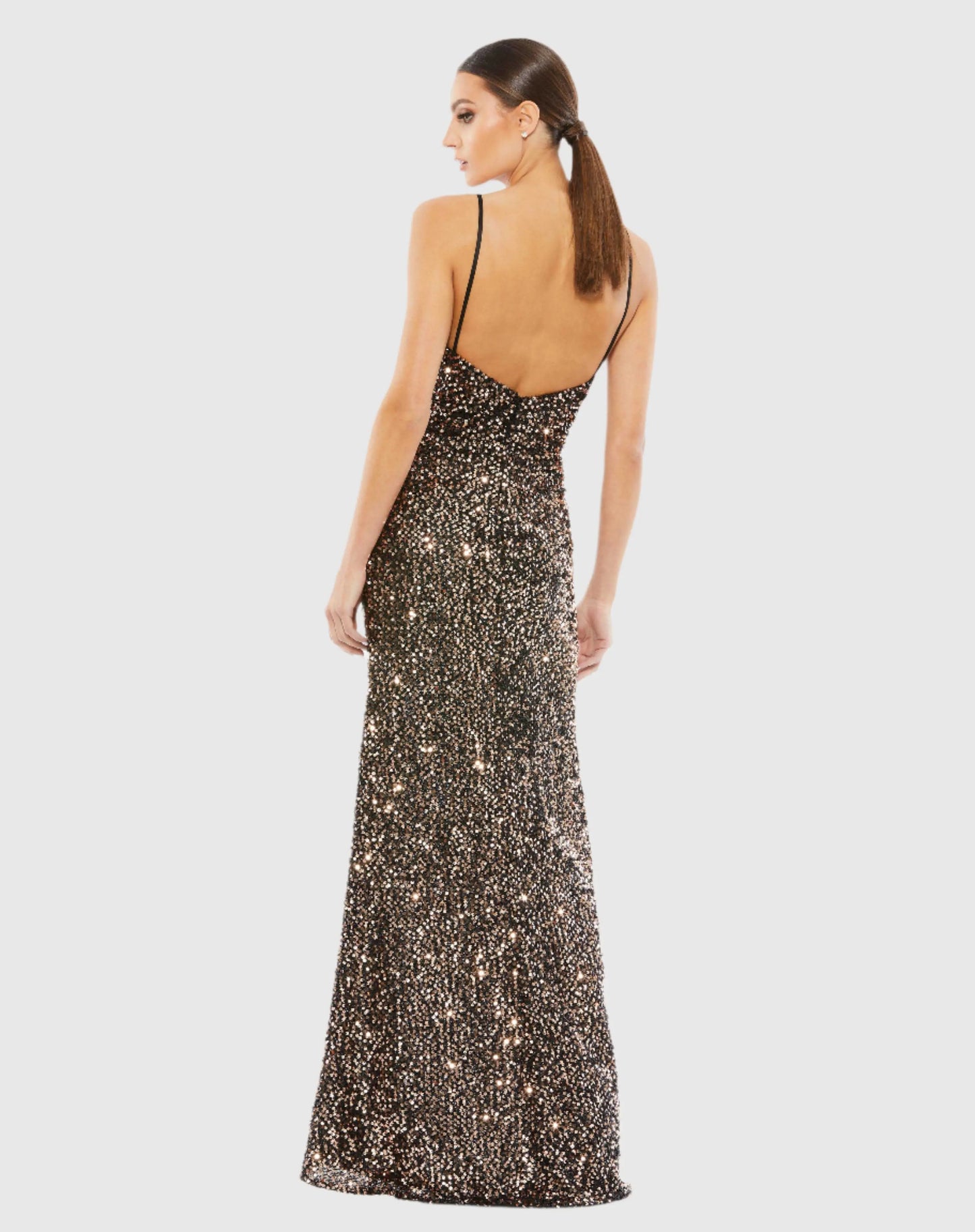 Black and Brown Gathered Waist Sequin Gown - Ieena for Mac Duggal