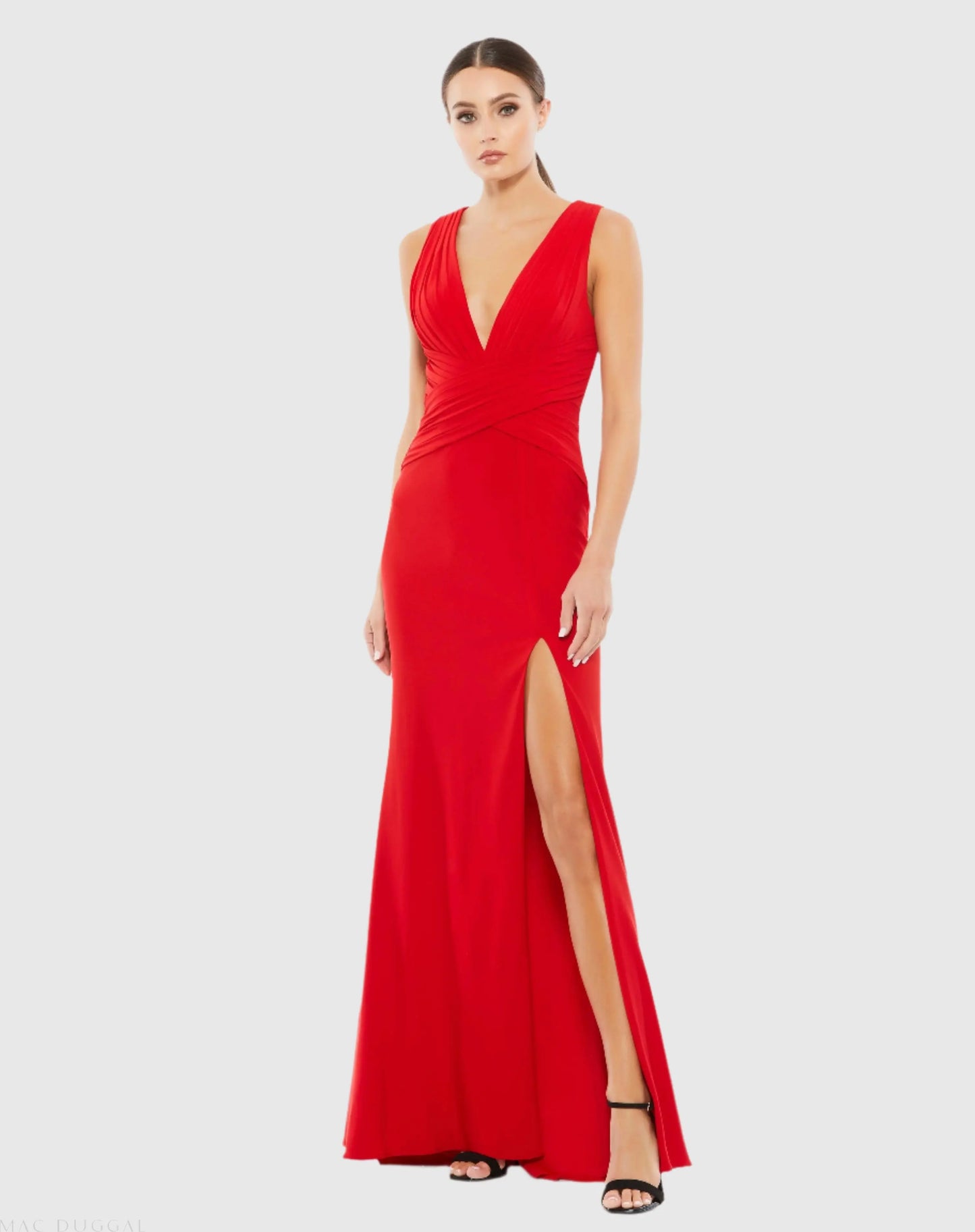 Red Pleated Bodice Jersey Column Gown - Mac Duggal
