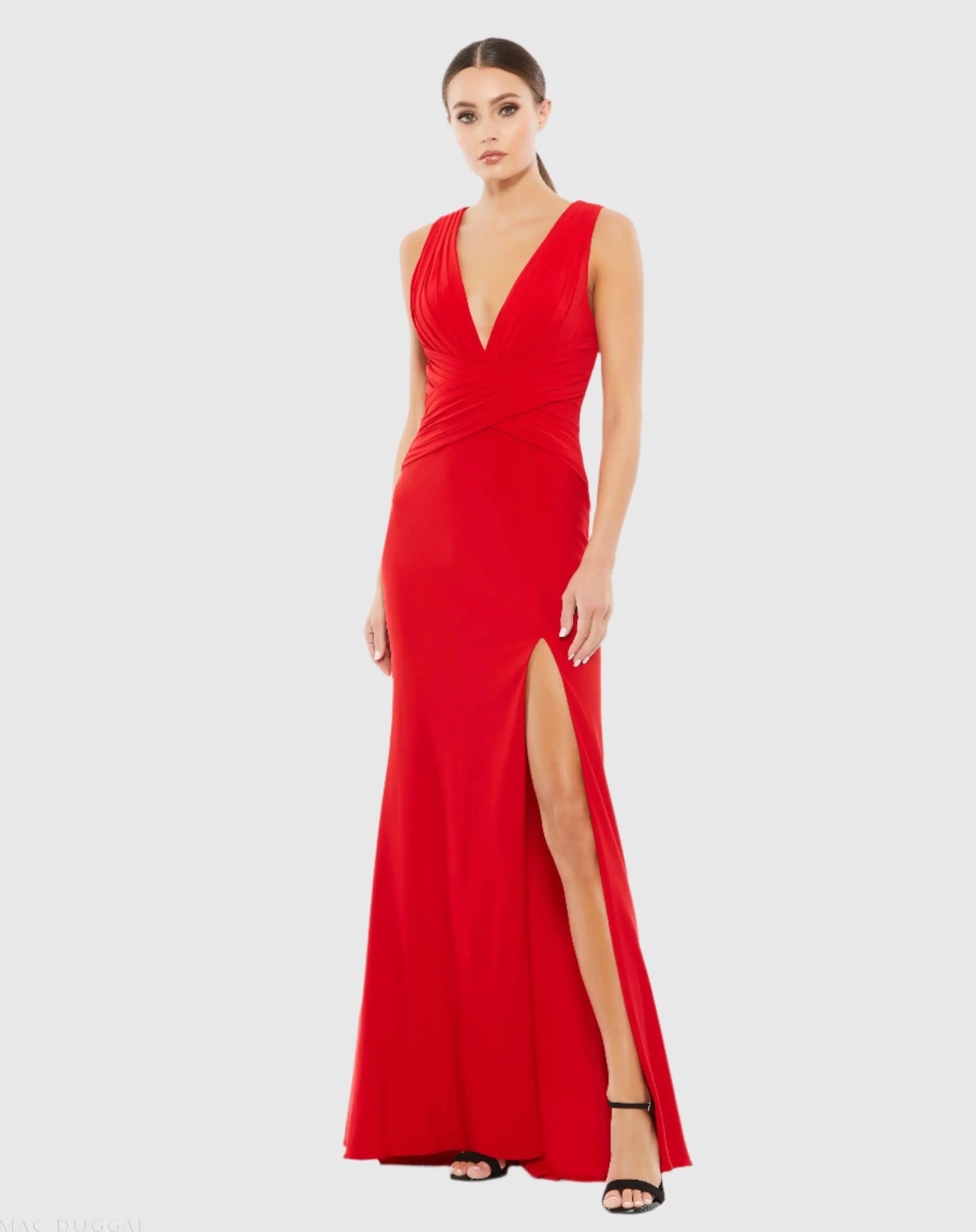 Red Pleated Bodice Jersey Column Gown - Mac Duggal