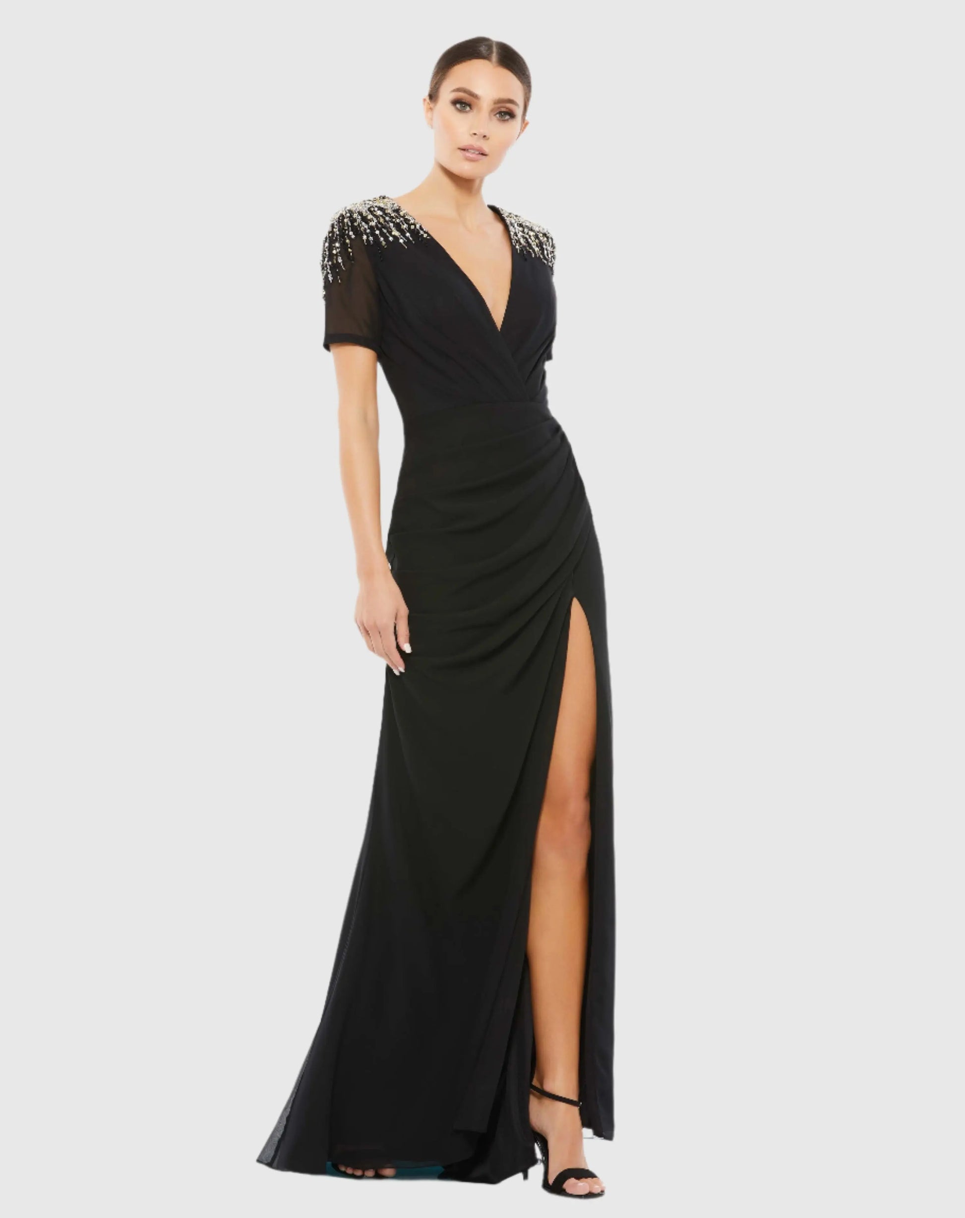 Black Sequin Embellished Shoulder Evening Gown | Mac Duggal Black Sequin Embellished Shoulder Evening Gown | Mac Duggal