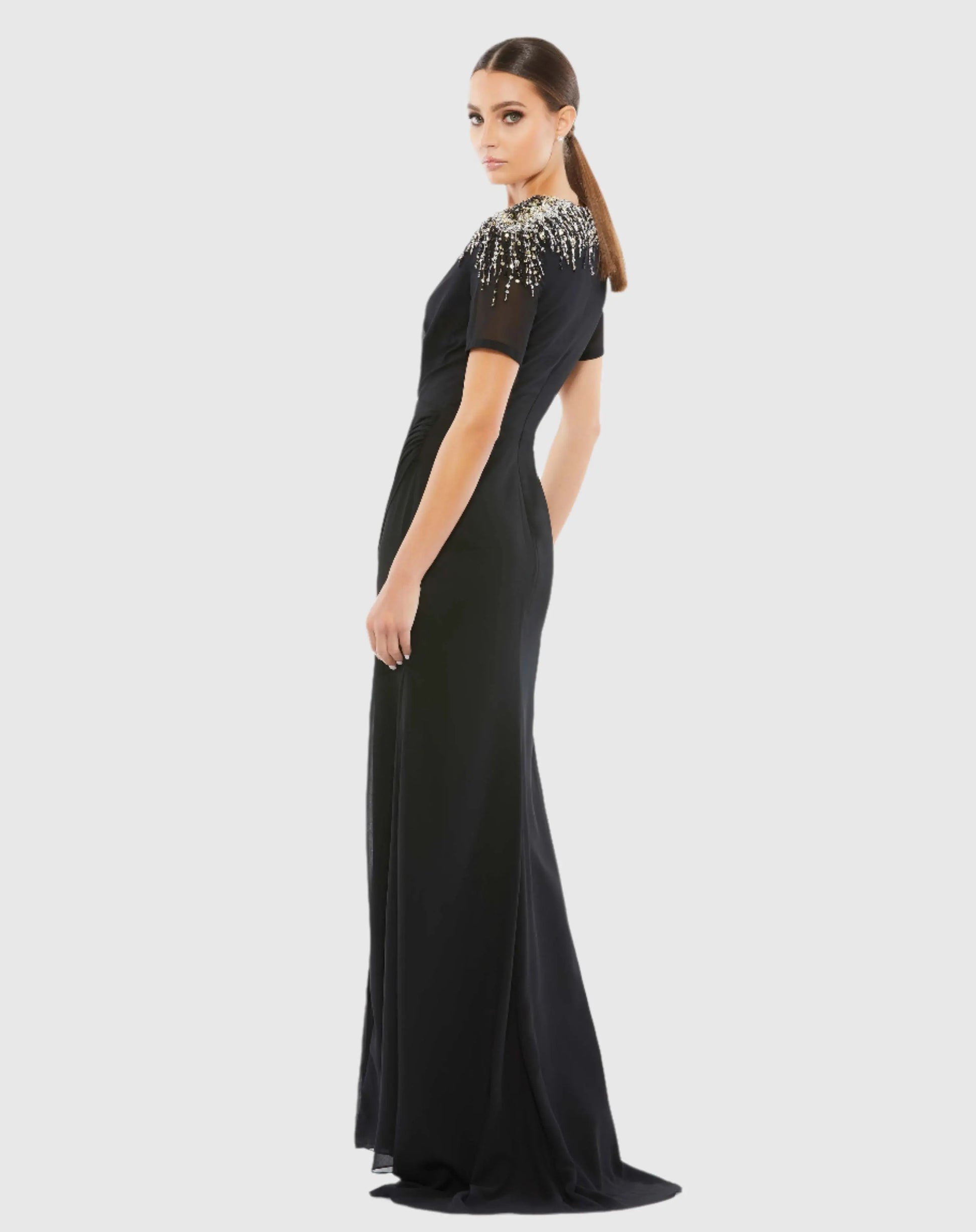 mac duggal black sequin dress Black Embellished Shoulder Evening Gown
