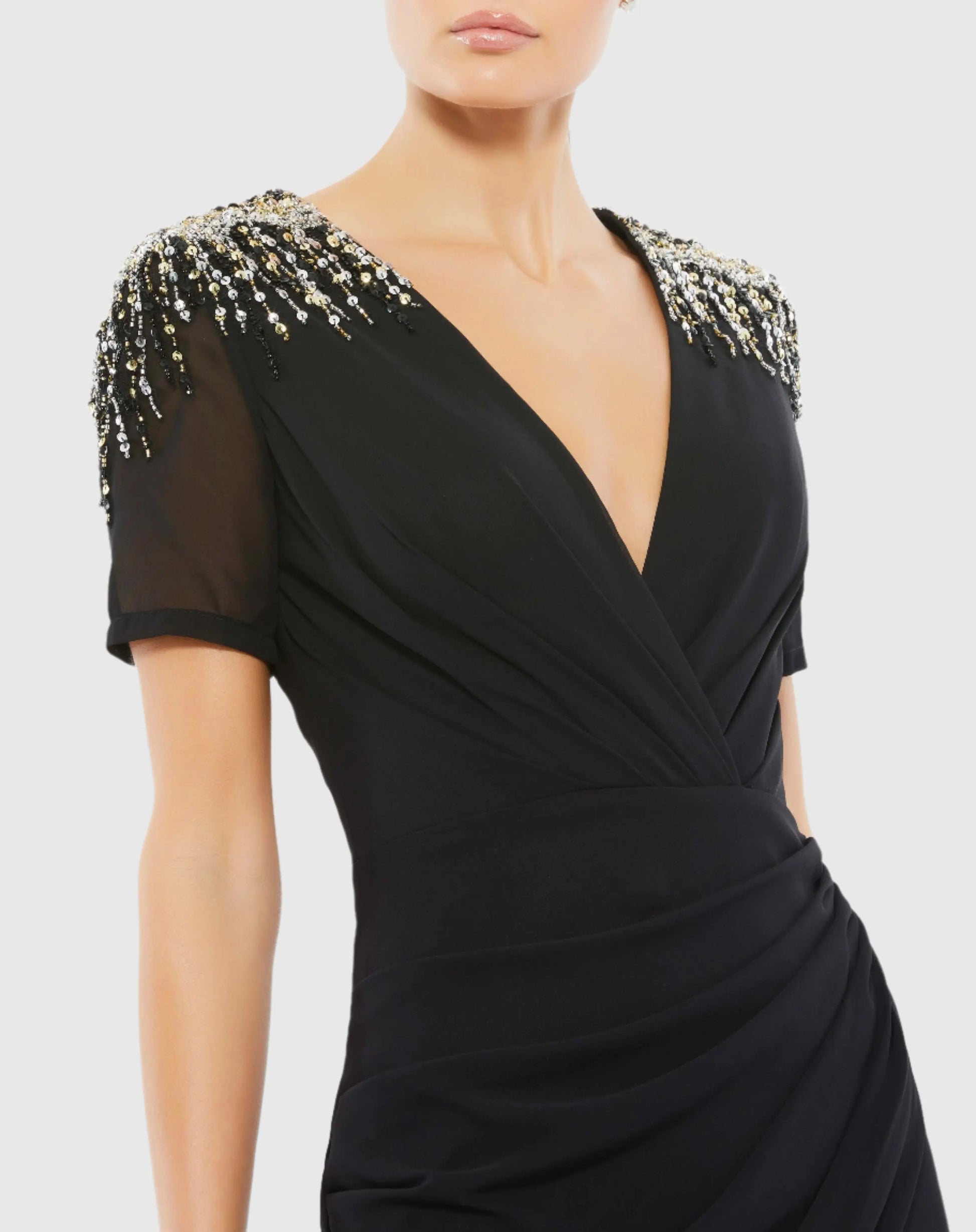 Black Sequin Embellished Shoulder Evening Gown Black Sequin Embellished Shoulder Evening Gown