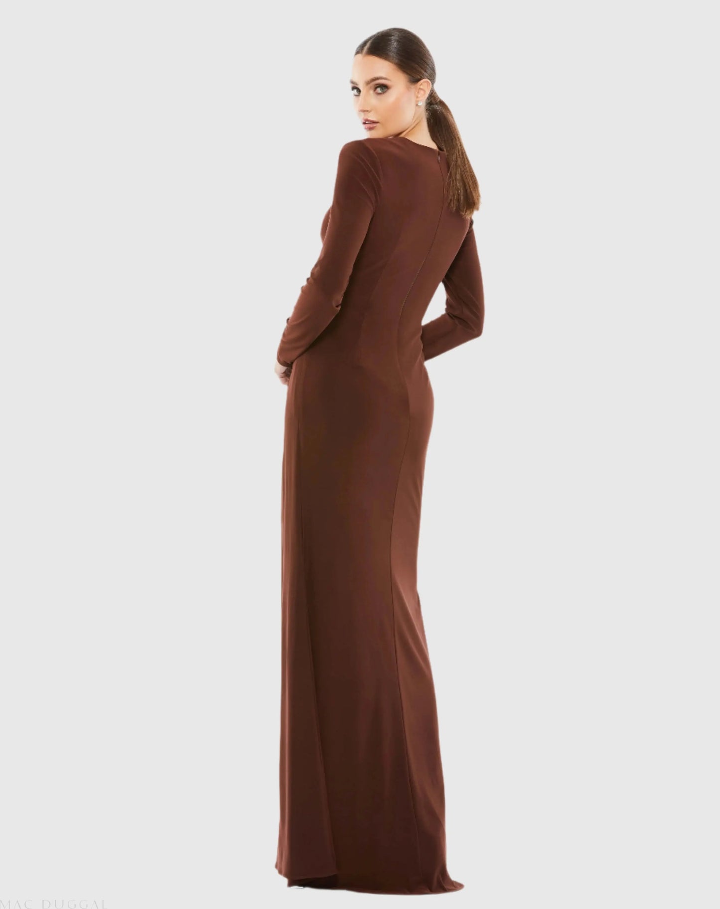 Brown Long Sleeve Keyhole Draped Gown - Ieena for Mac Duggal