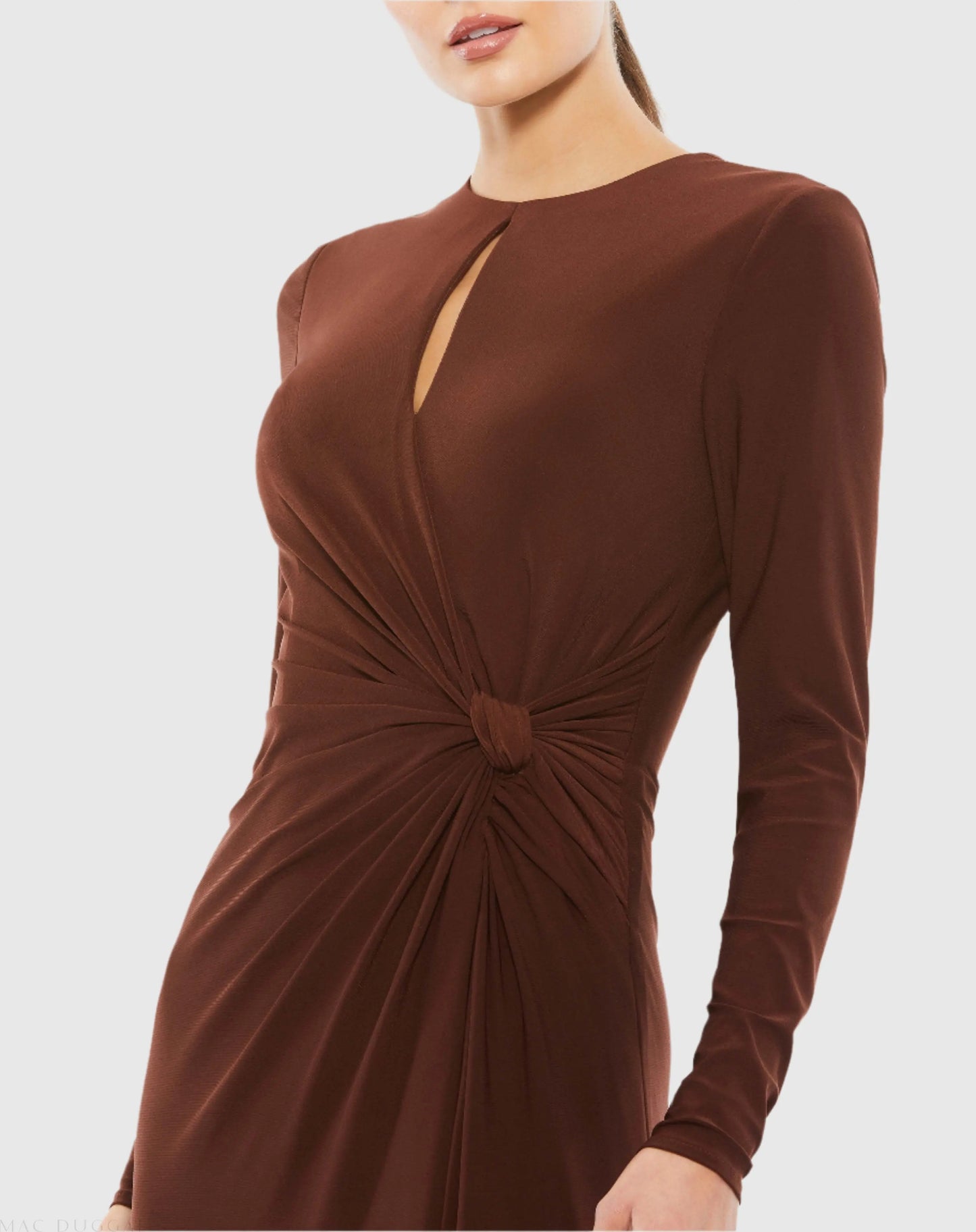 Brown Long Sleeve Keyhole Draped Gown - Ieena for Mac Duggal