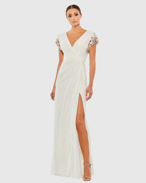 Embellished Sleeve Jersey Wrap Gown - FINAL SALE