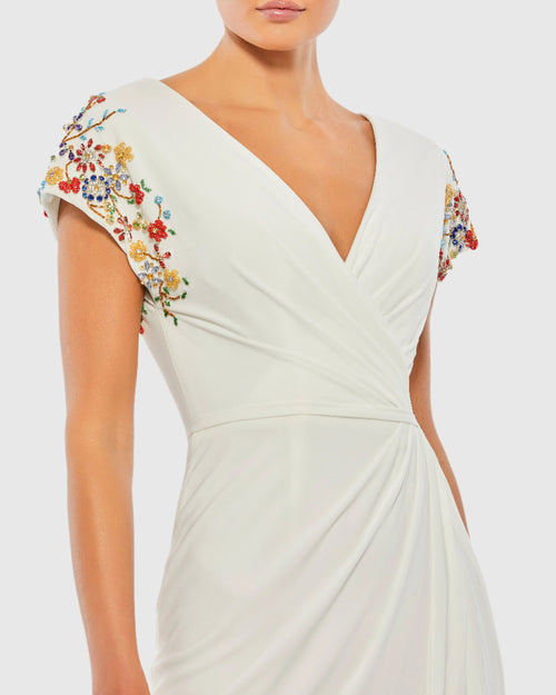 Embellished Sleeve Jersey Wrap Gown - FINAL SALE