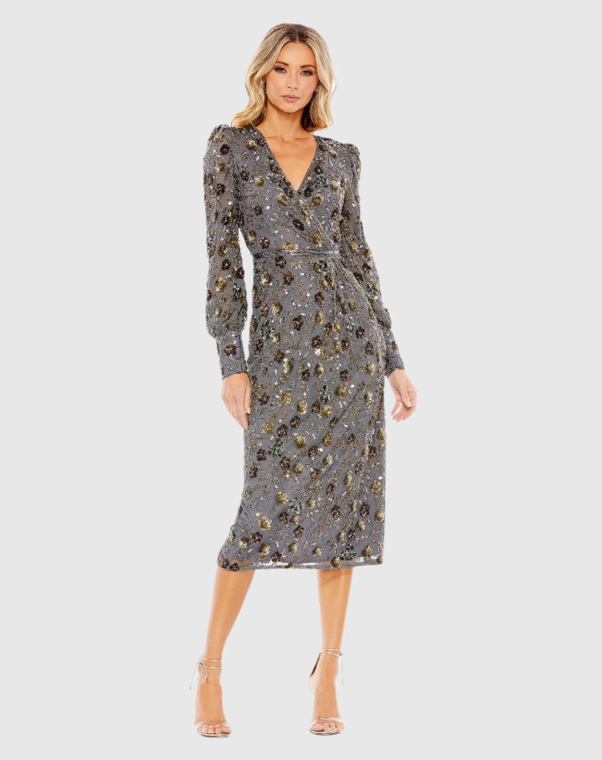 Gray Long Sleeve V Neck Midi Dress - Mac Duggal