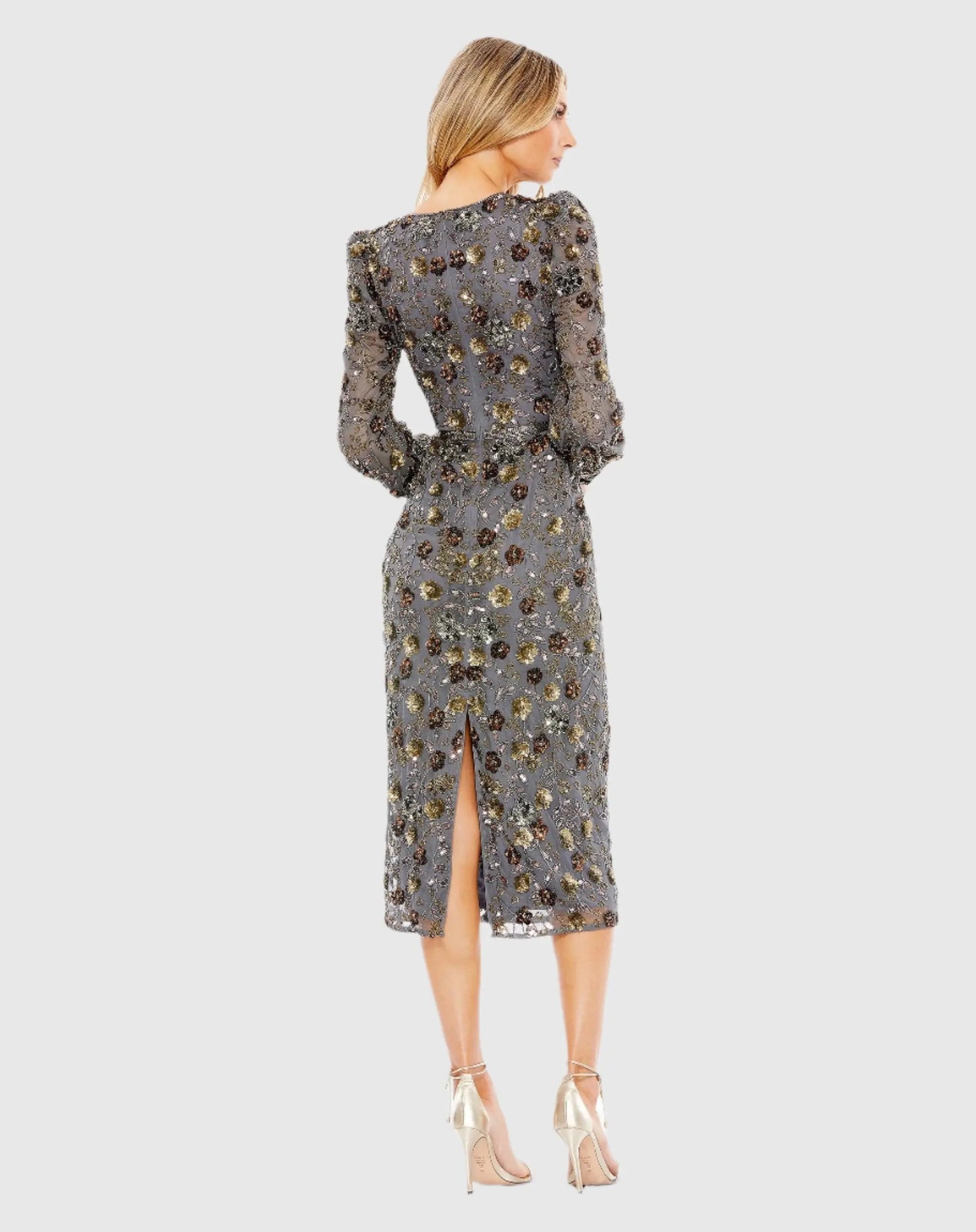 Gray Long Sleeve V Neck Midi Dress - Mac Duggal