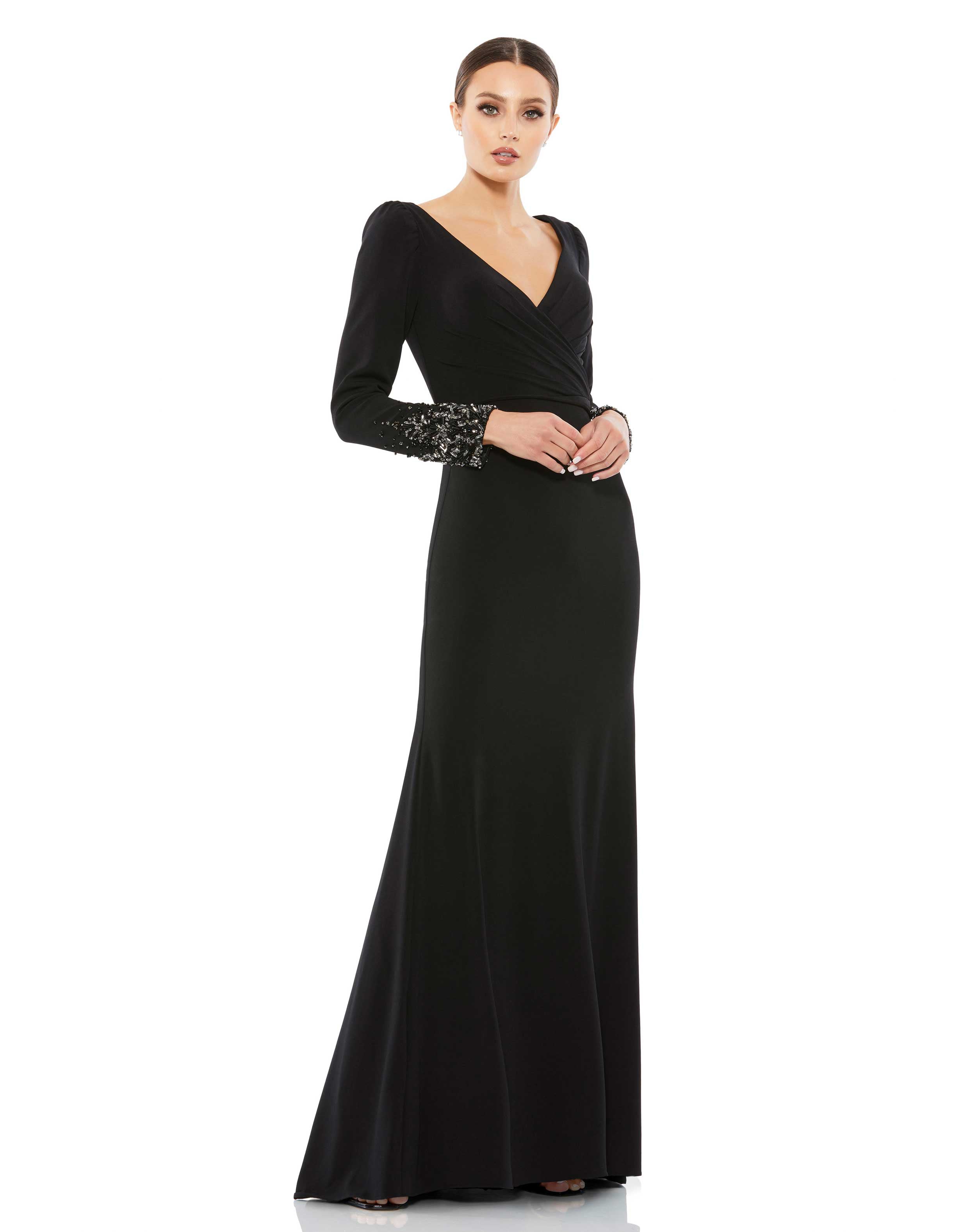 Beaded Cuff Long Sleeve Wrap Over Trumpet Gown