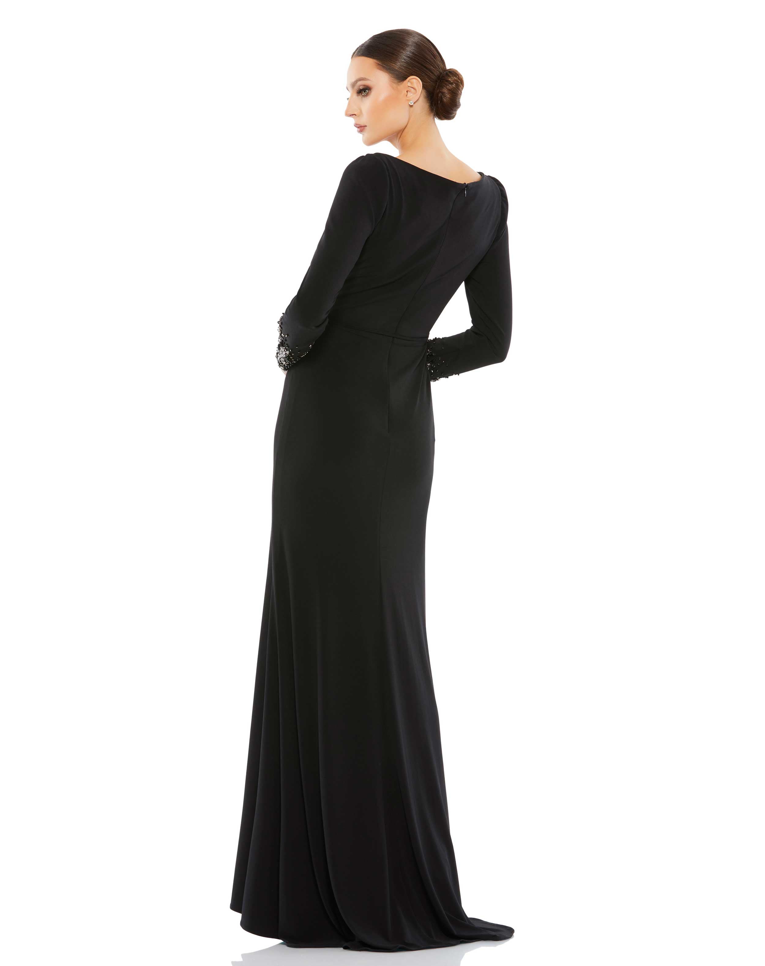 Beaded Cuff Long Sleeve Wrap Over Trumpet Gown