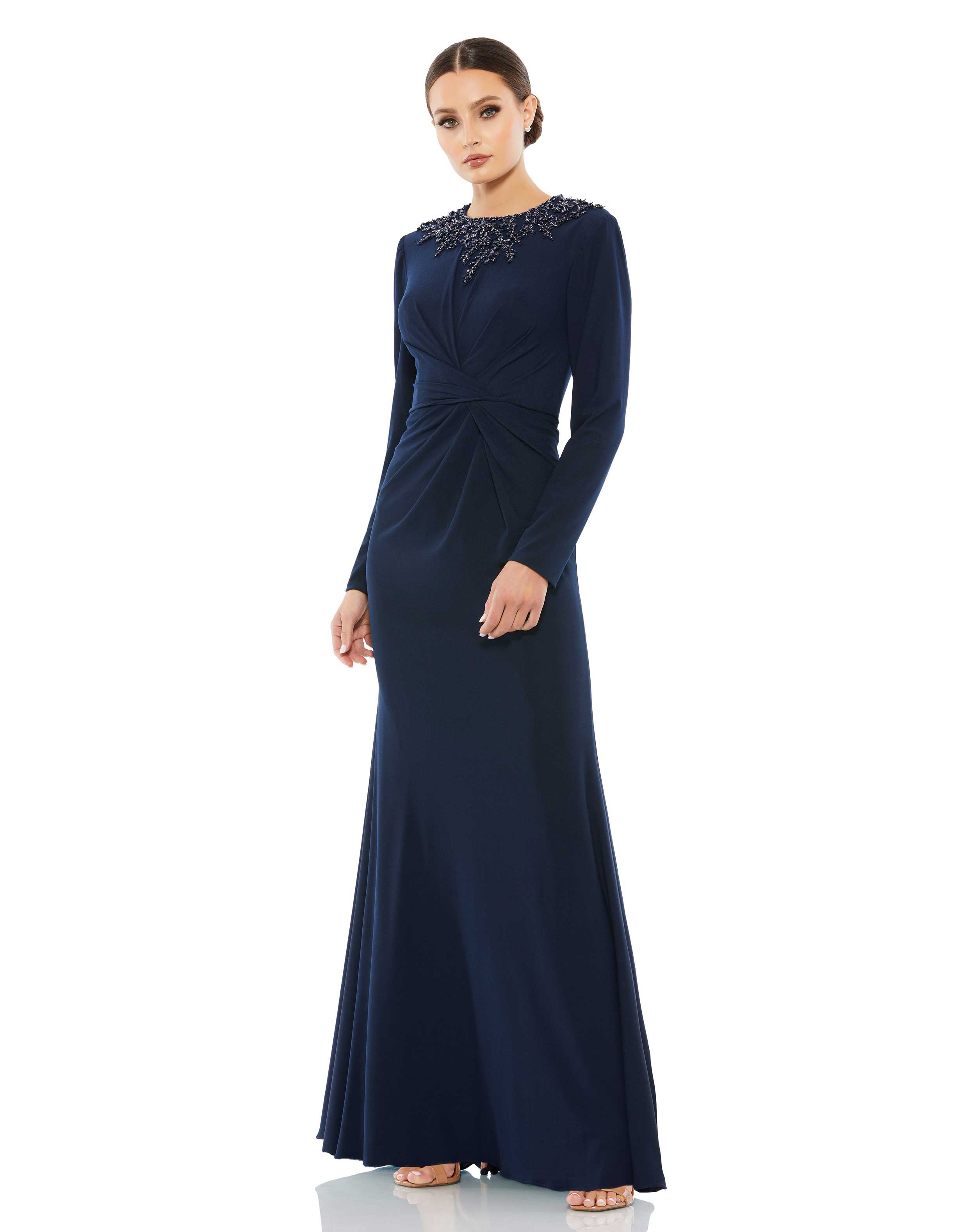Beaded High Neck Front Twist Long Sleeve Trumpet Gown - FINAL SALE