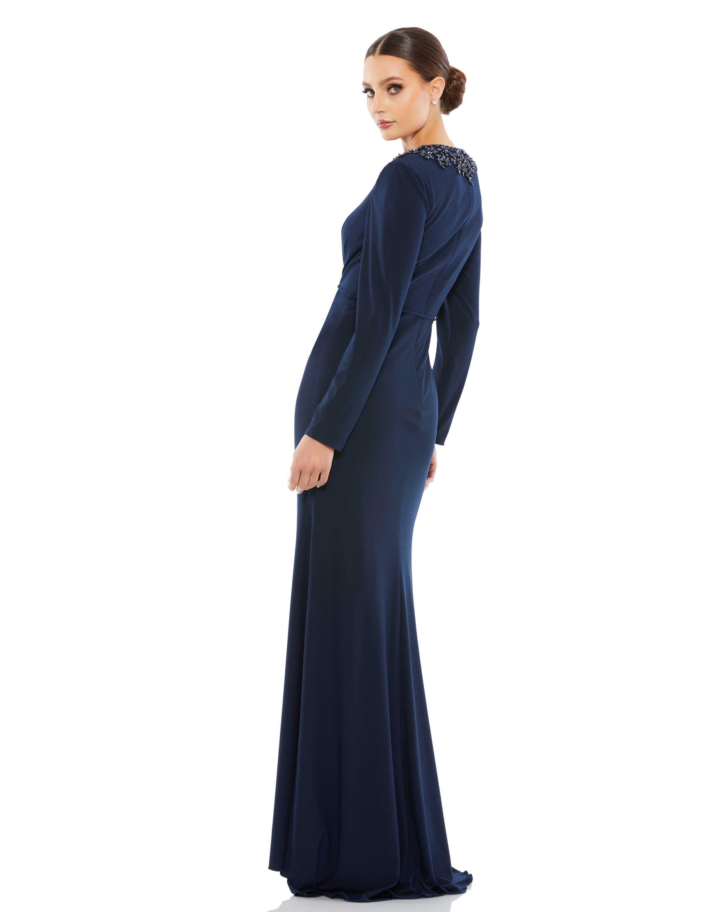 Beaded High Neck Front Twist Long Sleeve Trumpet Gown - FINAL SALE