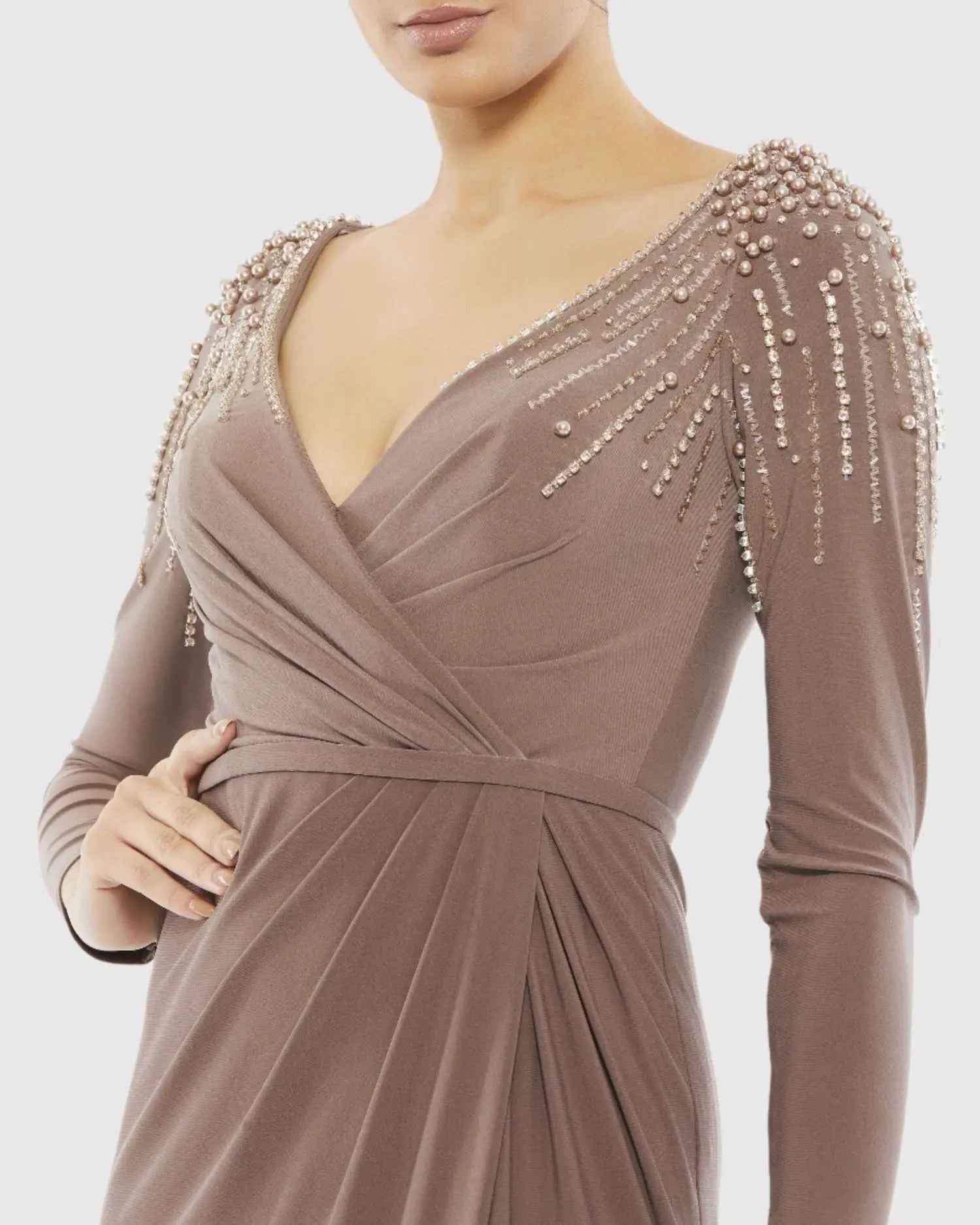 Brown Faux Wrap Jersey Gown w/ Embellished Accents - Mac Duggal
