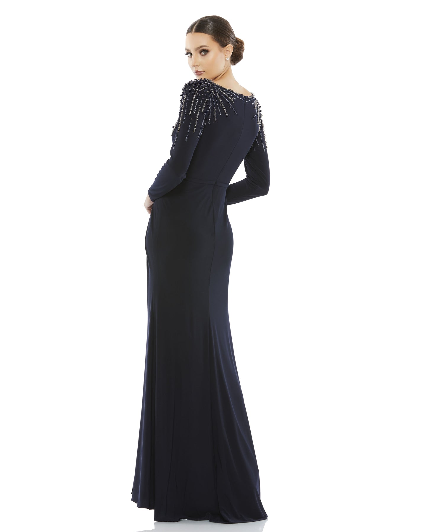 Faux Wrap Jersey Gown w/ Embellished Accents – Mac Duggal