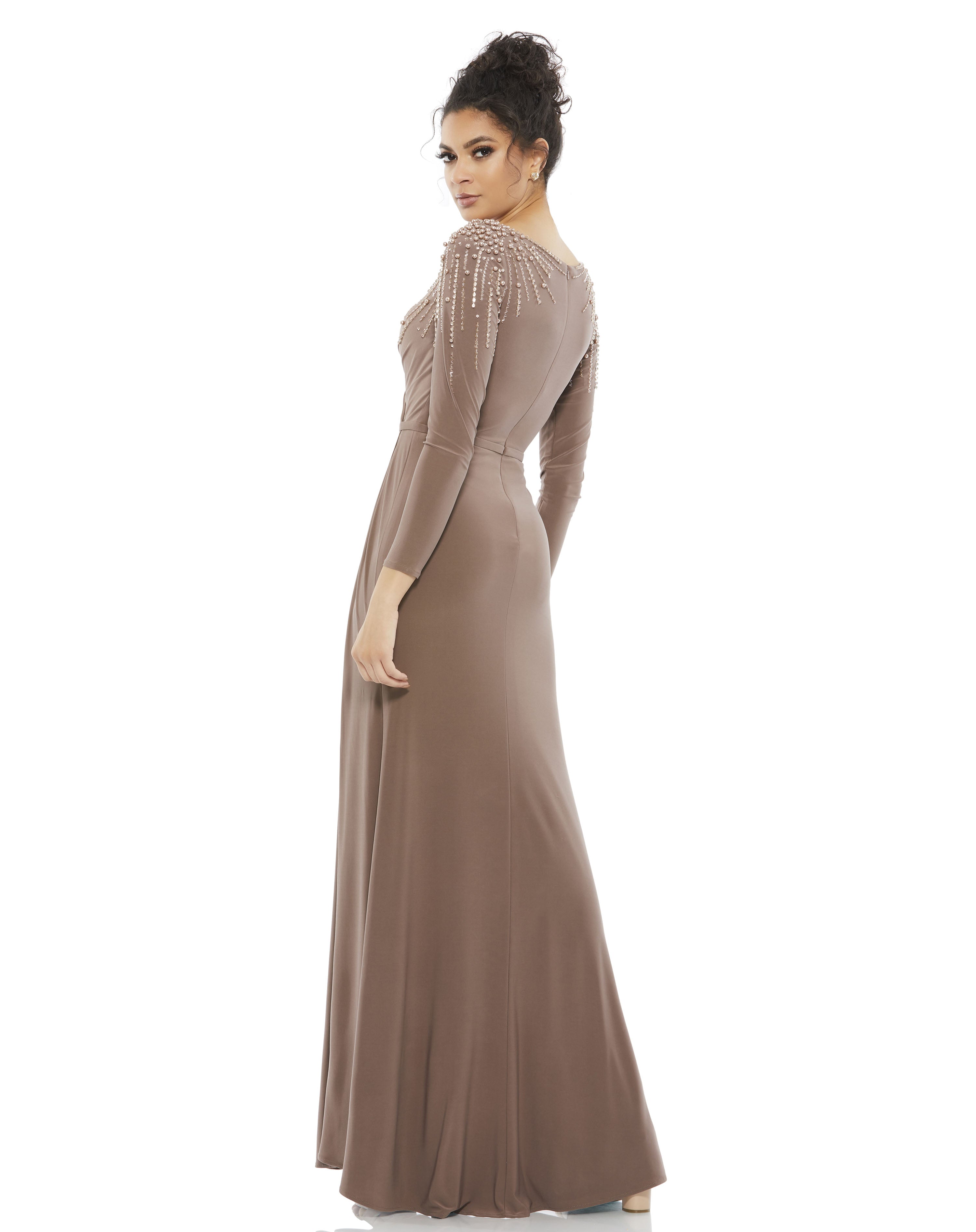 Faux Wrap Jersey Gown w/ Embellished Accents