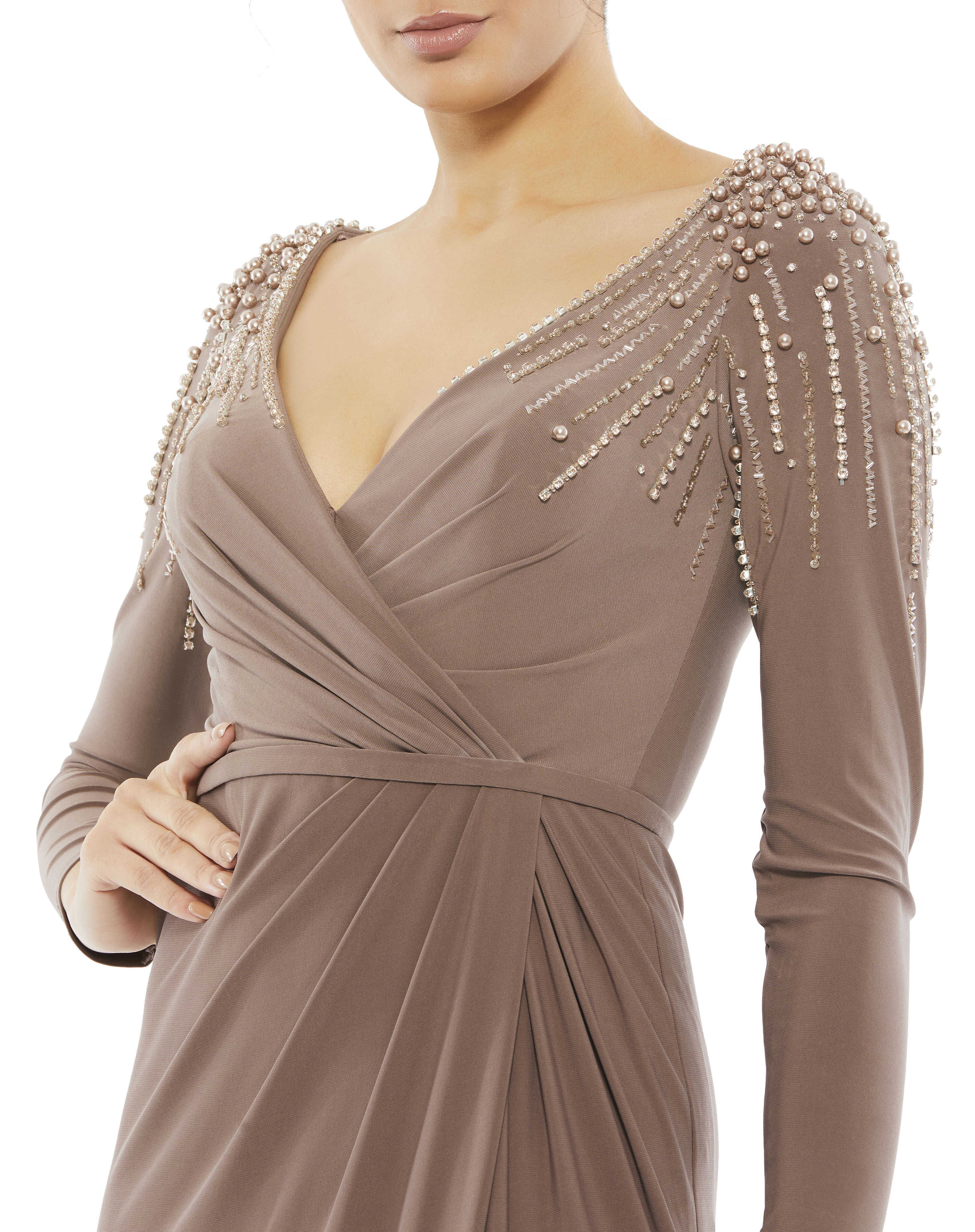 Faux Wrap Jersey Gown w/ Embellished Accents