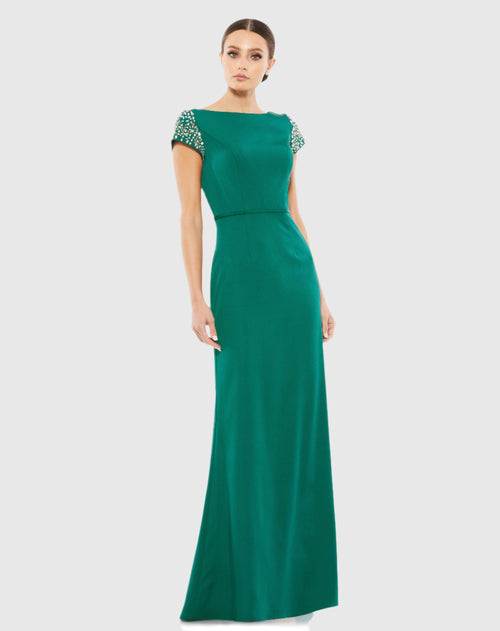 Beaded Cap Sleeve Bateau Column Gown