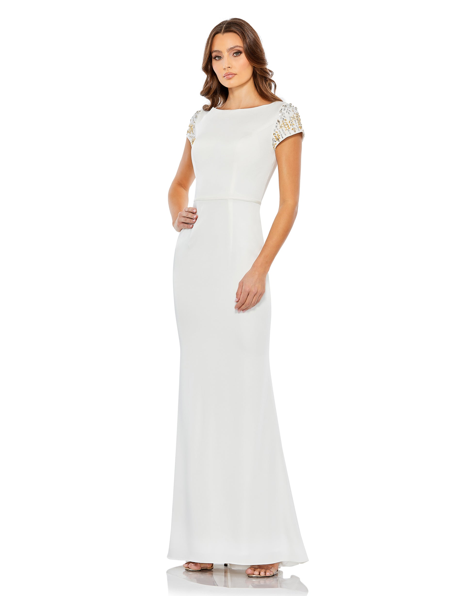 Beaded Cap Sleeve Bateau Column Gown