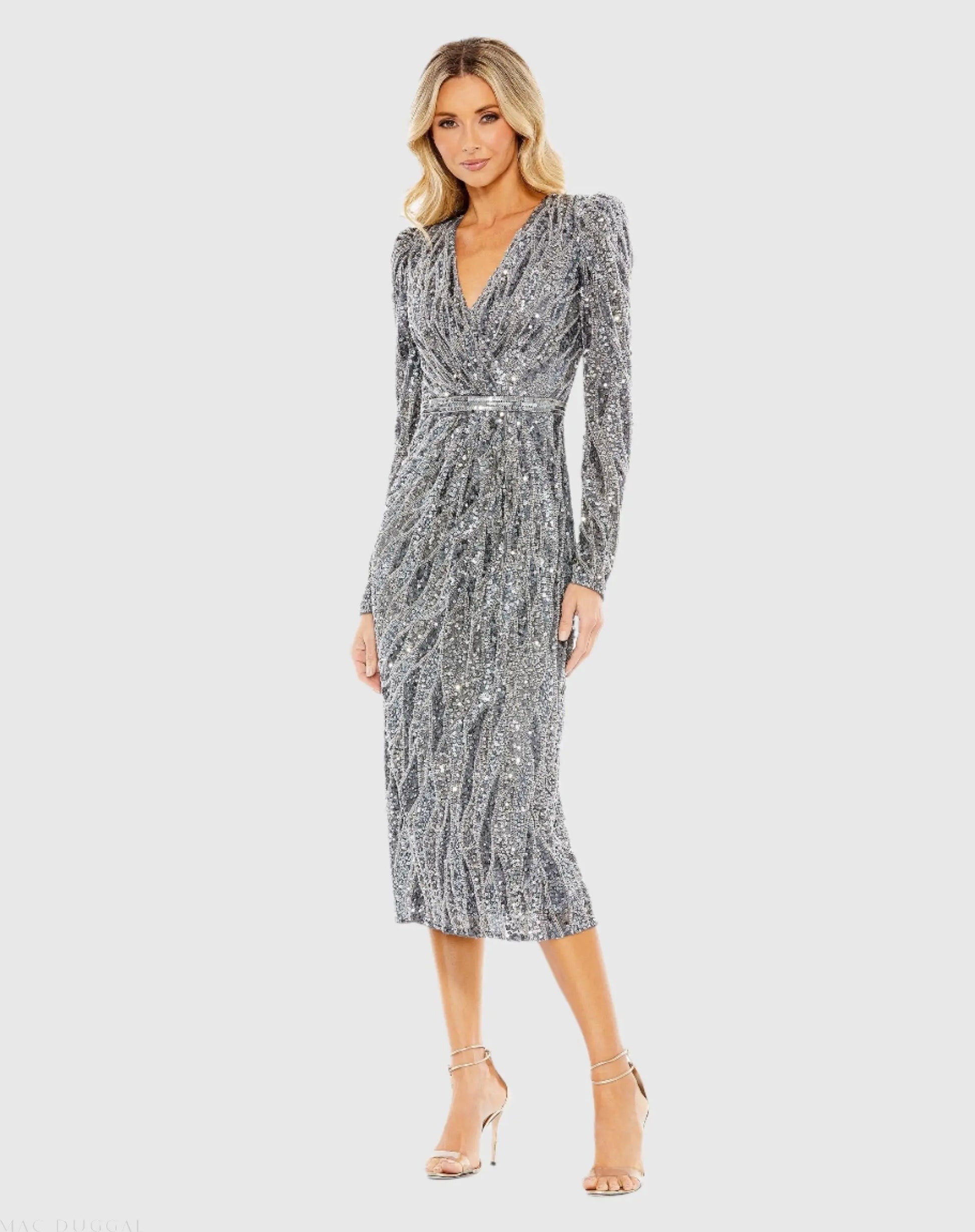 Long Sleeve V Neck Beaded Cocktail Dress | Mac Duggal Charcoal / US 20 Long Sleeve V Neck Beaded Cocktail Dress | Mac Duggal Charcoal / US 20